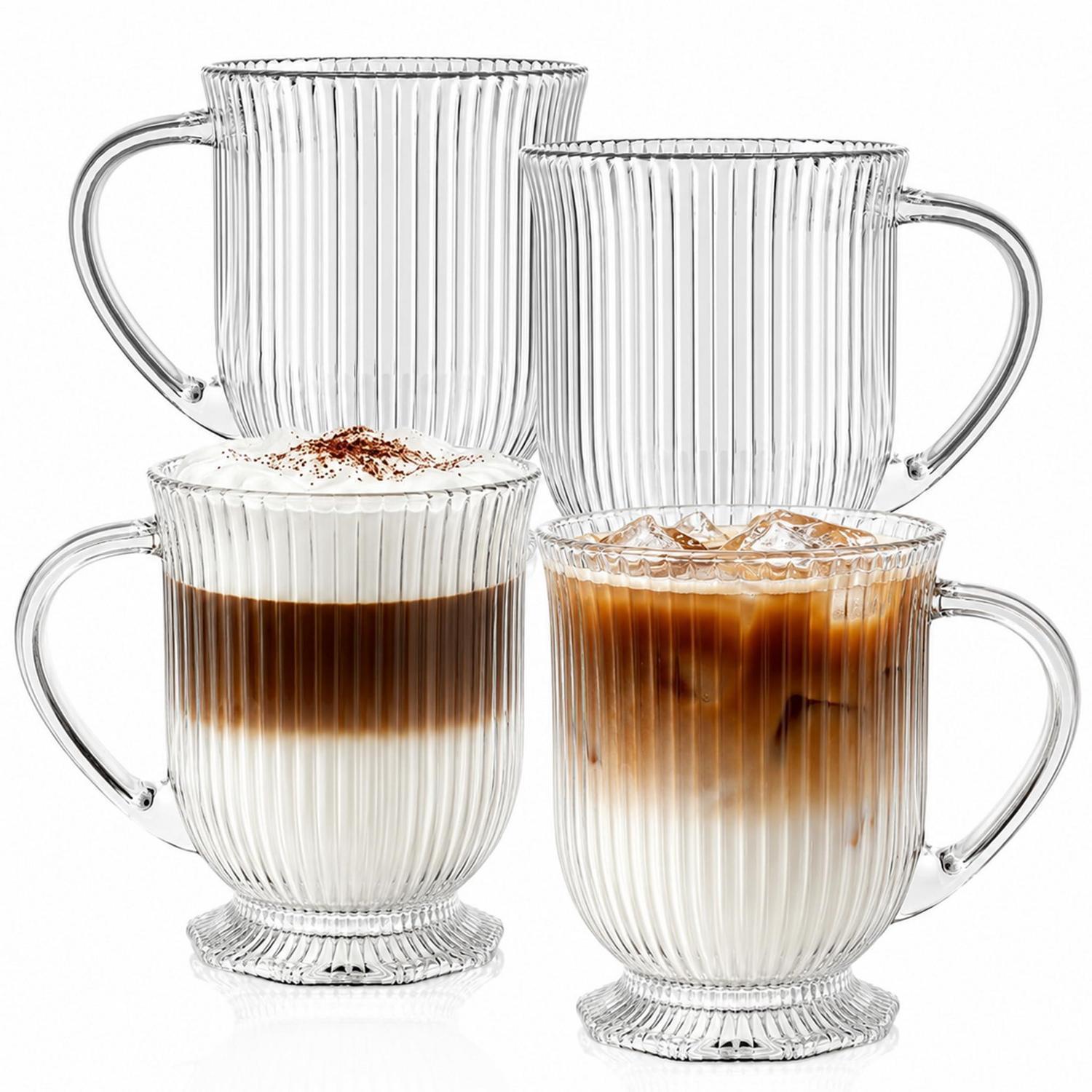 4er-set Glas Tassen 480ml Mit Henkel, Rillenoptik, Für Heiß- & Kaltgetränke