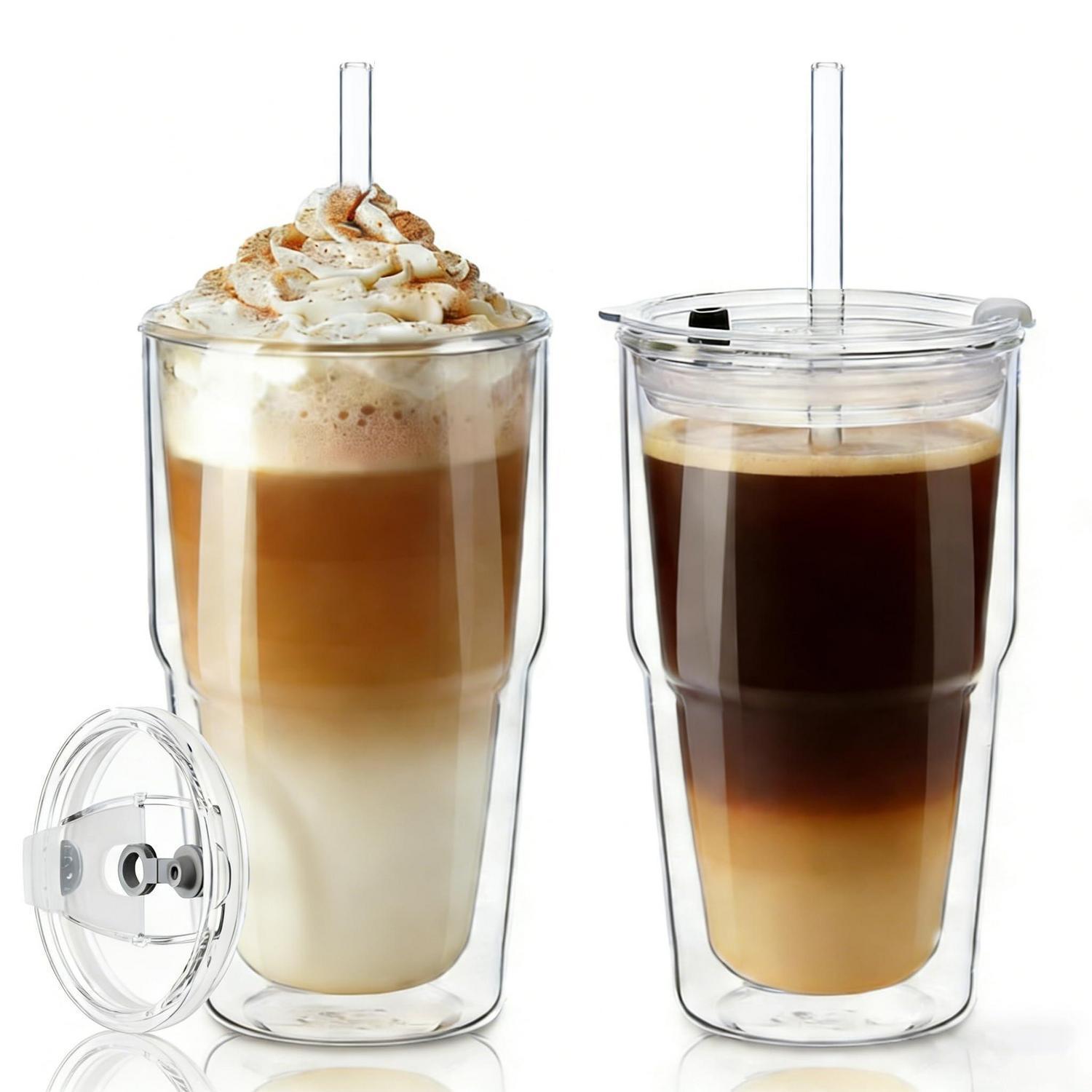2er-set Doppelwandige Glasbecher 480ml Mit Deckel & Strohhalm – Isolierende Thermogläser Für Kaffee & Kalte Getränke