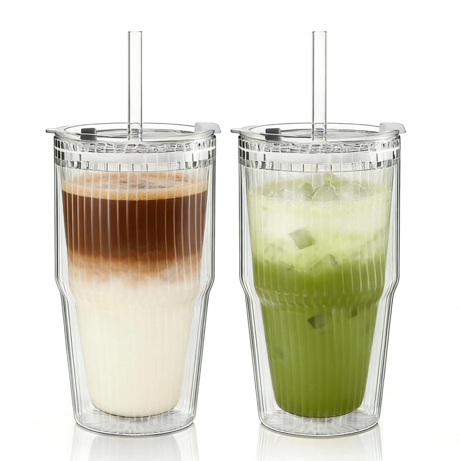 Doppelwandige Gläser 480ml Mit Deckel & Strohhalm, 2er Set, Gerippt