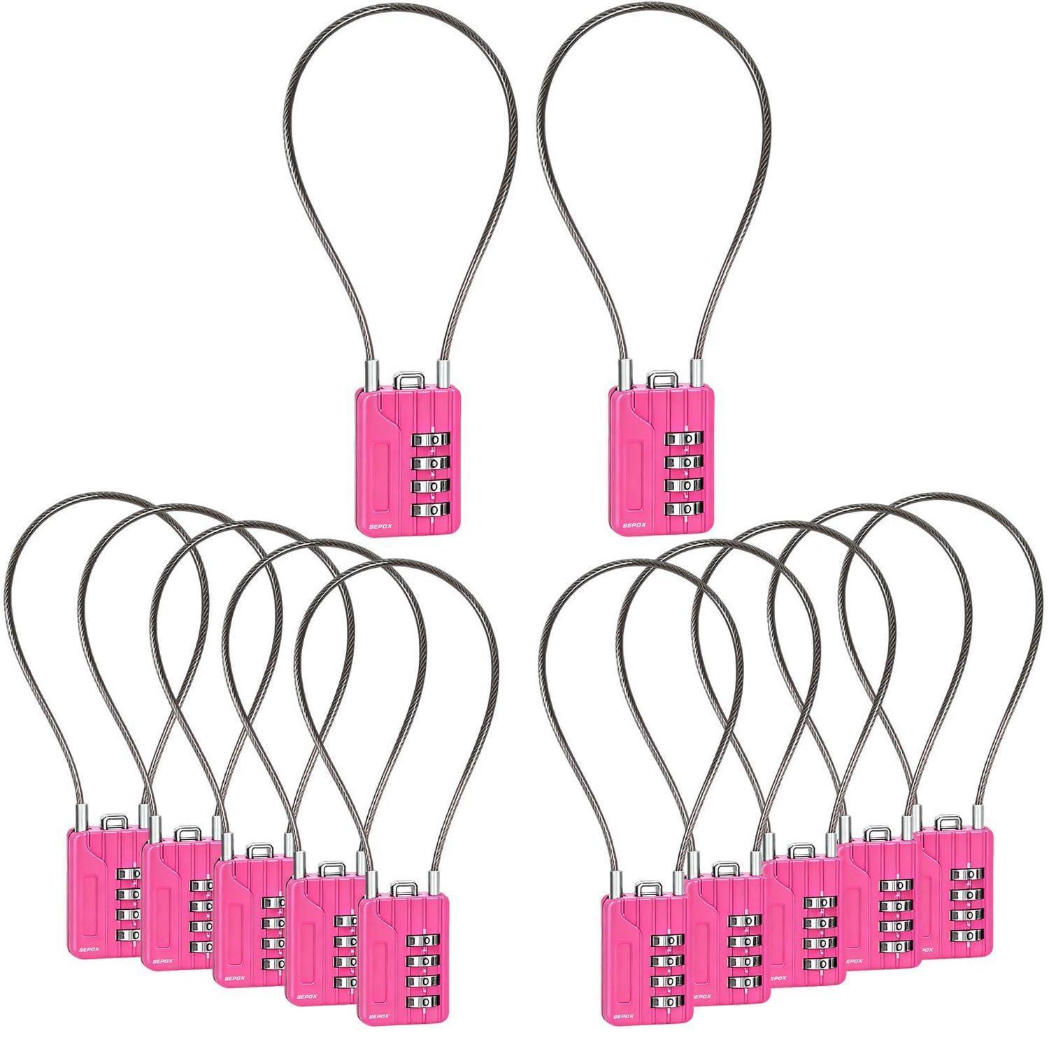 Zahlenschloss 4-stellig Mit 32cm Stahlkabel, 12er Pack, Rosa