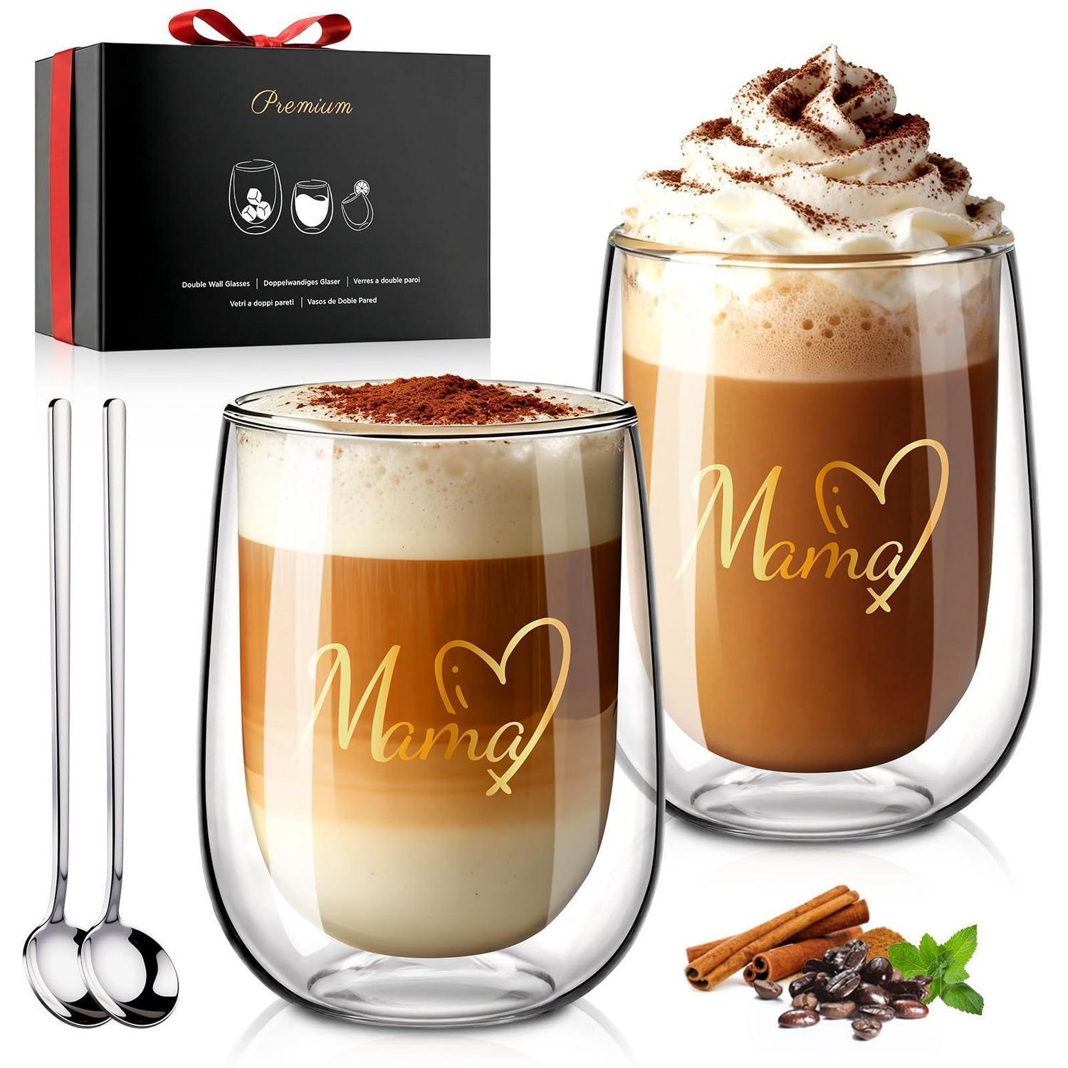 Doppelwandige Latte Macchiato Gläser 350ml 2er Set Mit Löffeln, Geschenkbox