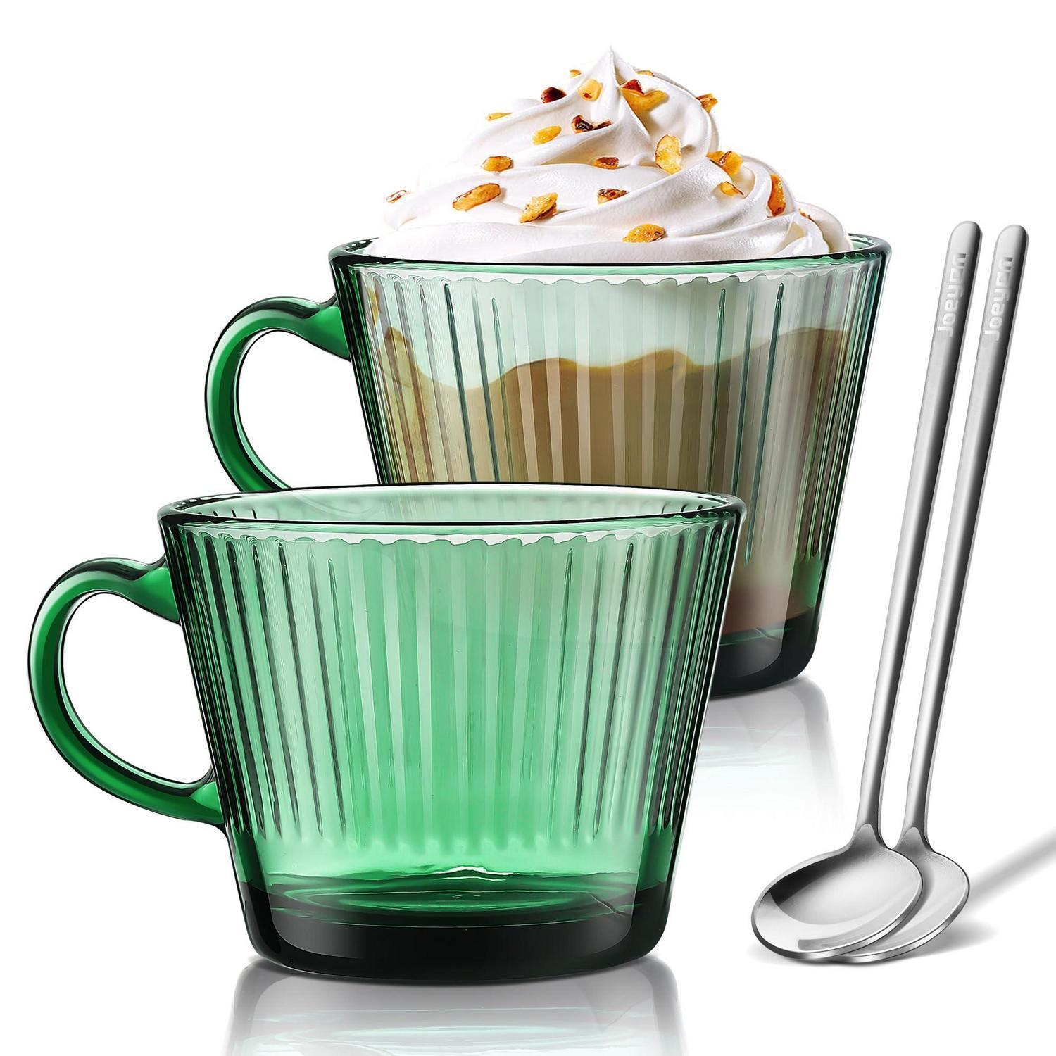 Latte Macchiato Gläser 2er Set, Grün Gerippt, 450ml, Mit Löffel, Dickwandig, Spülmaschinenfest