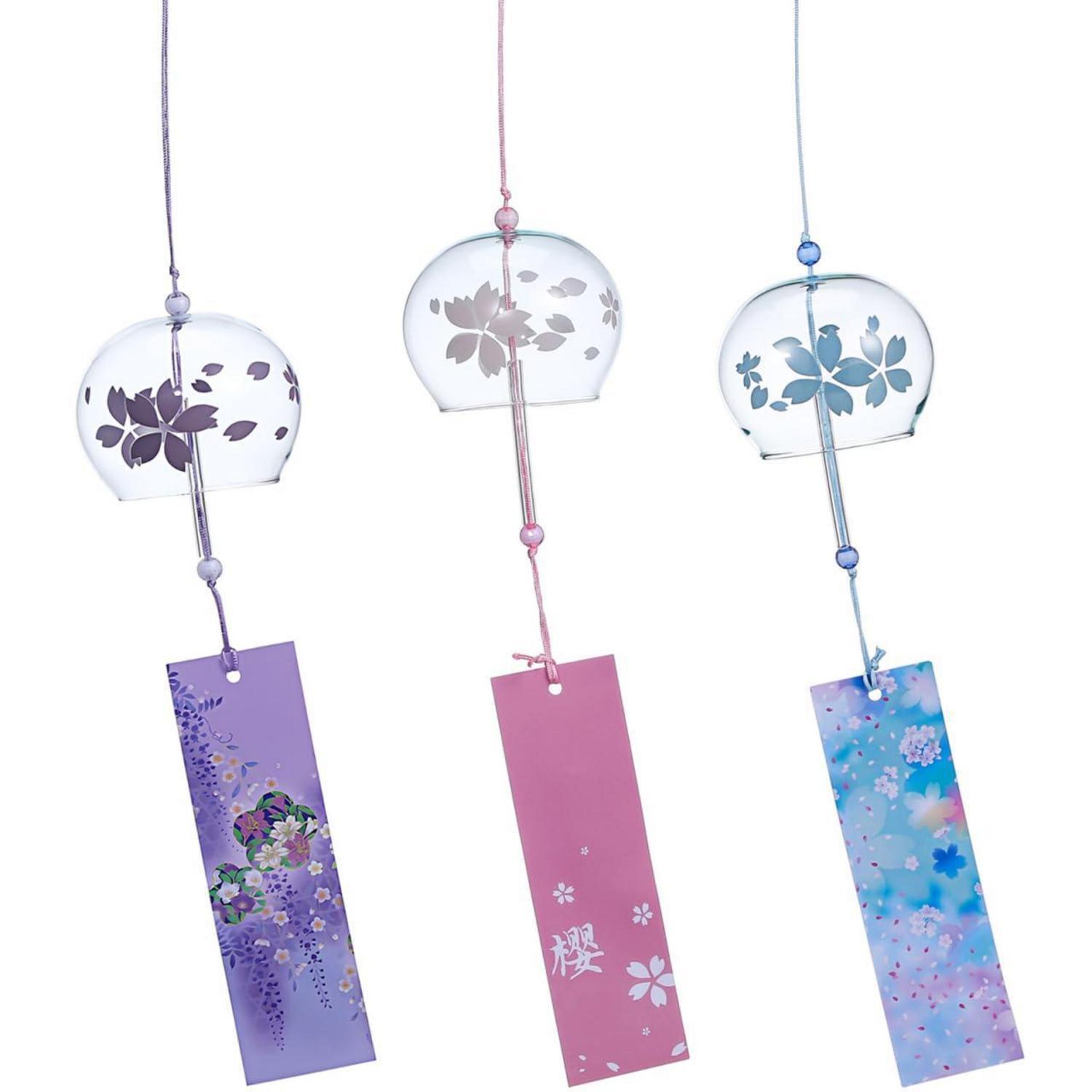 3er Set Japanische Windspiele Glas Mit Kirschblüten-motiv, Entspannender Klang