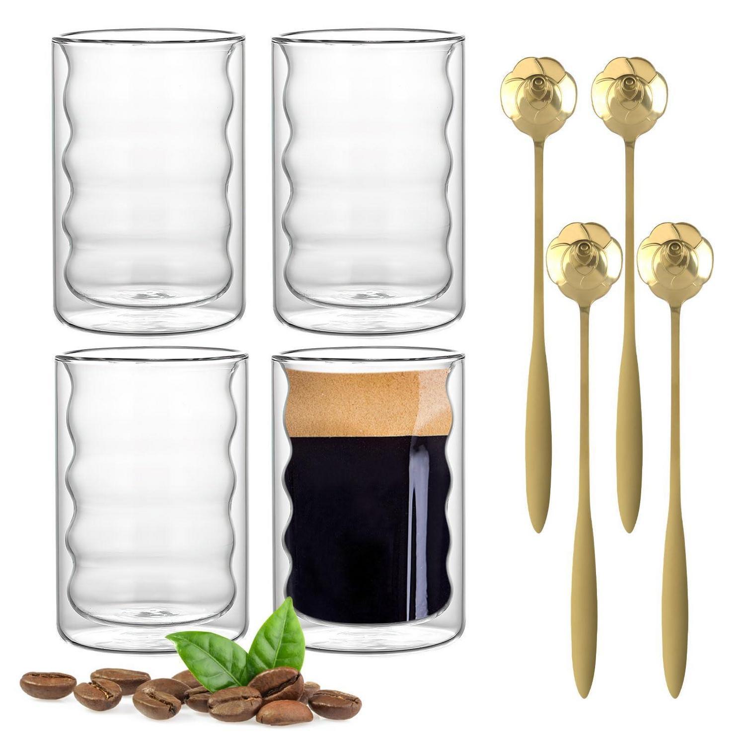 Doppelwandige Gläser Set 4x350ml Mit 4 Rosen-löffeln, Thermogläser Für Latte Macchiato, Cappuccino, Kaffee