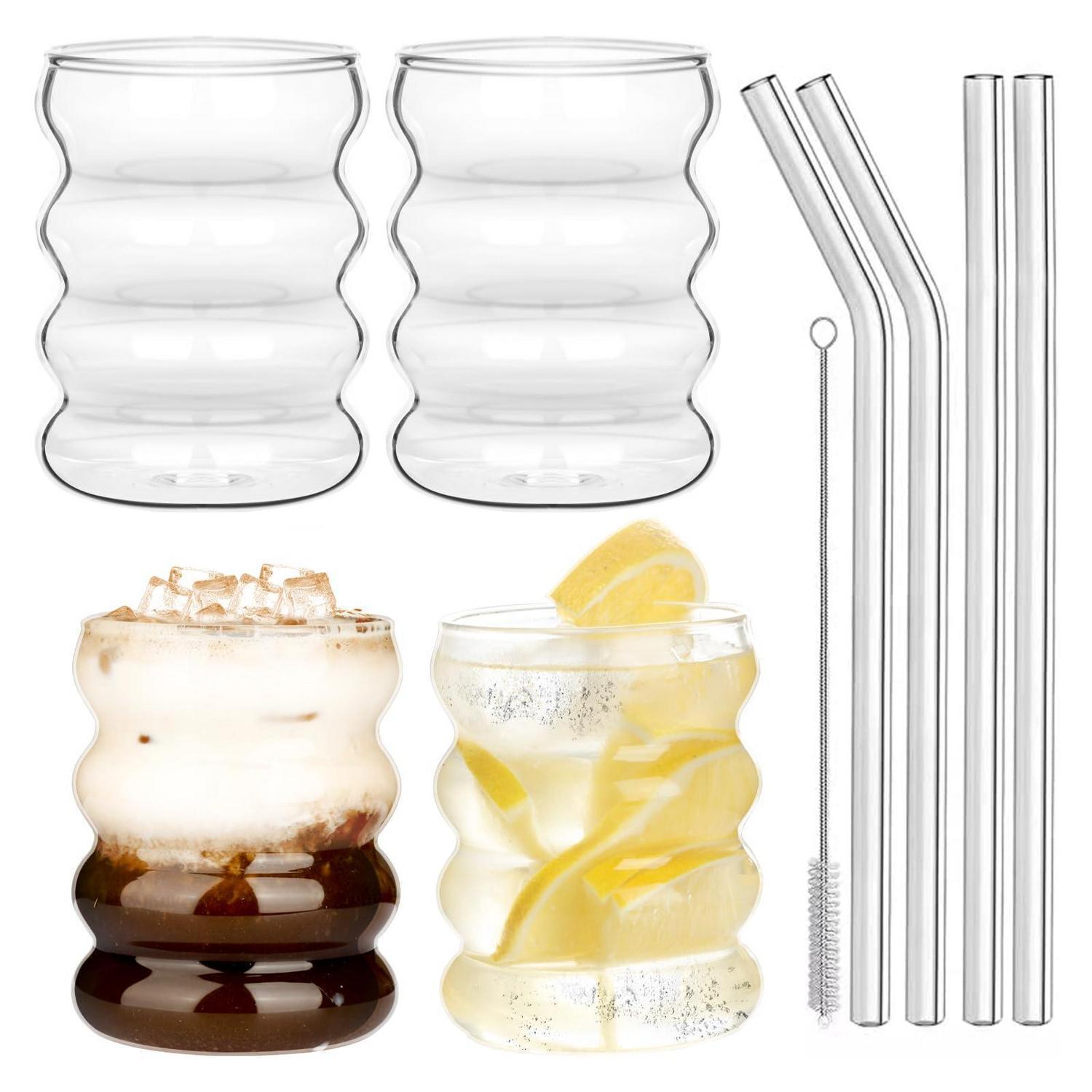 4er Set 300ml Wellenglas Becher Mit Glasstrohhalmen, Gerippte Trinkgläser Für Kaffee, Cocktails