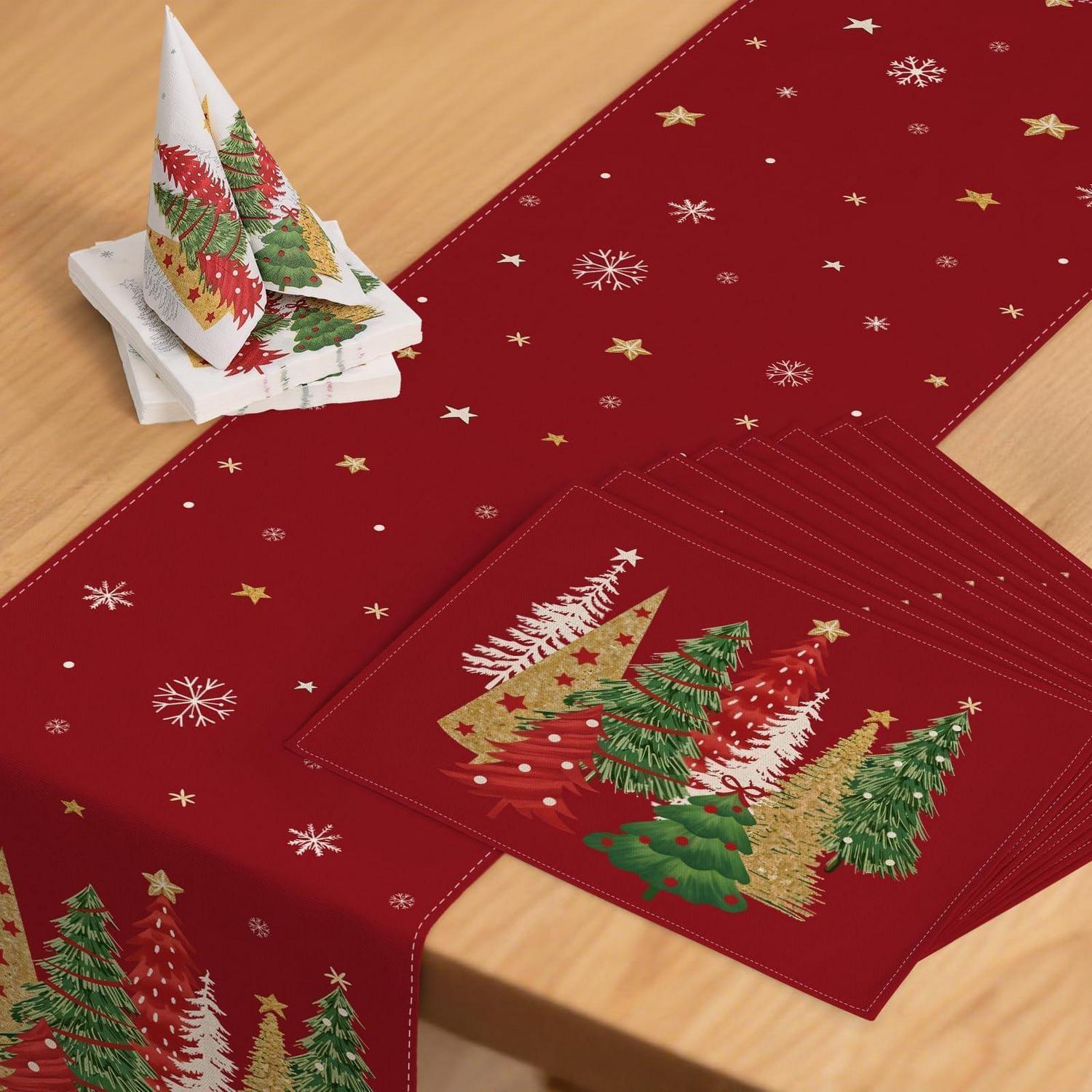 Weihnachts Tischdeko Set: Tischläufer 40x240cm, 8 Platzsets, 40 Servietten Rot