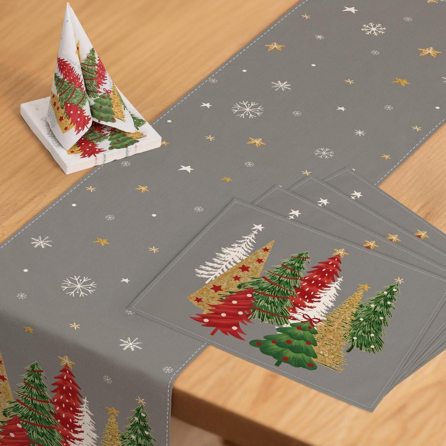 Weihnachtsdeko Tischset: Tischläufer 40x140cm, 4 Platzsets, 20 Servietten Grau Mit Bäumen