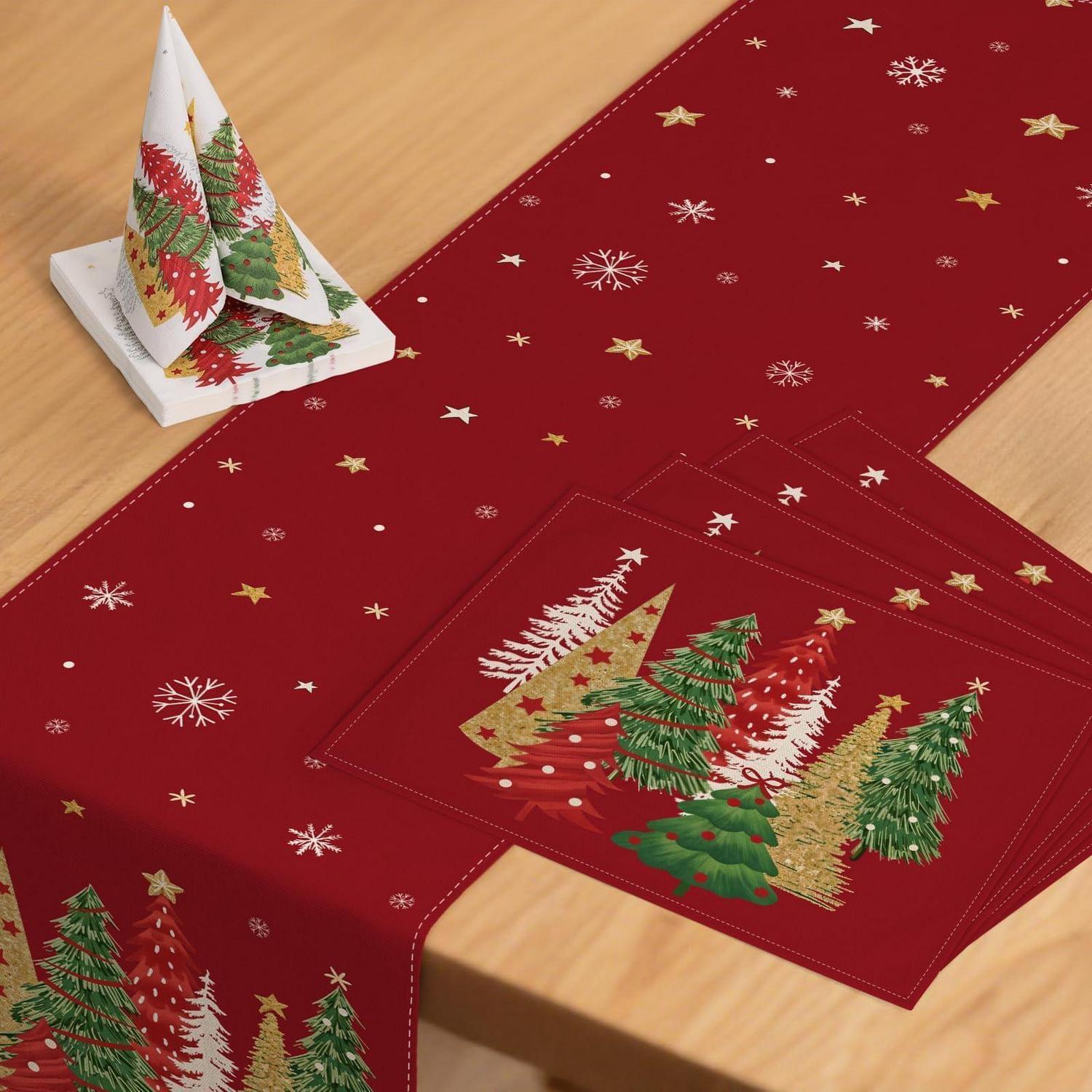 Weihnachts Tischdeko Set: Tischläufer, Platzsets & Servietten Mit Weihnachtsbäumen