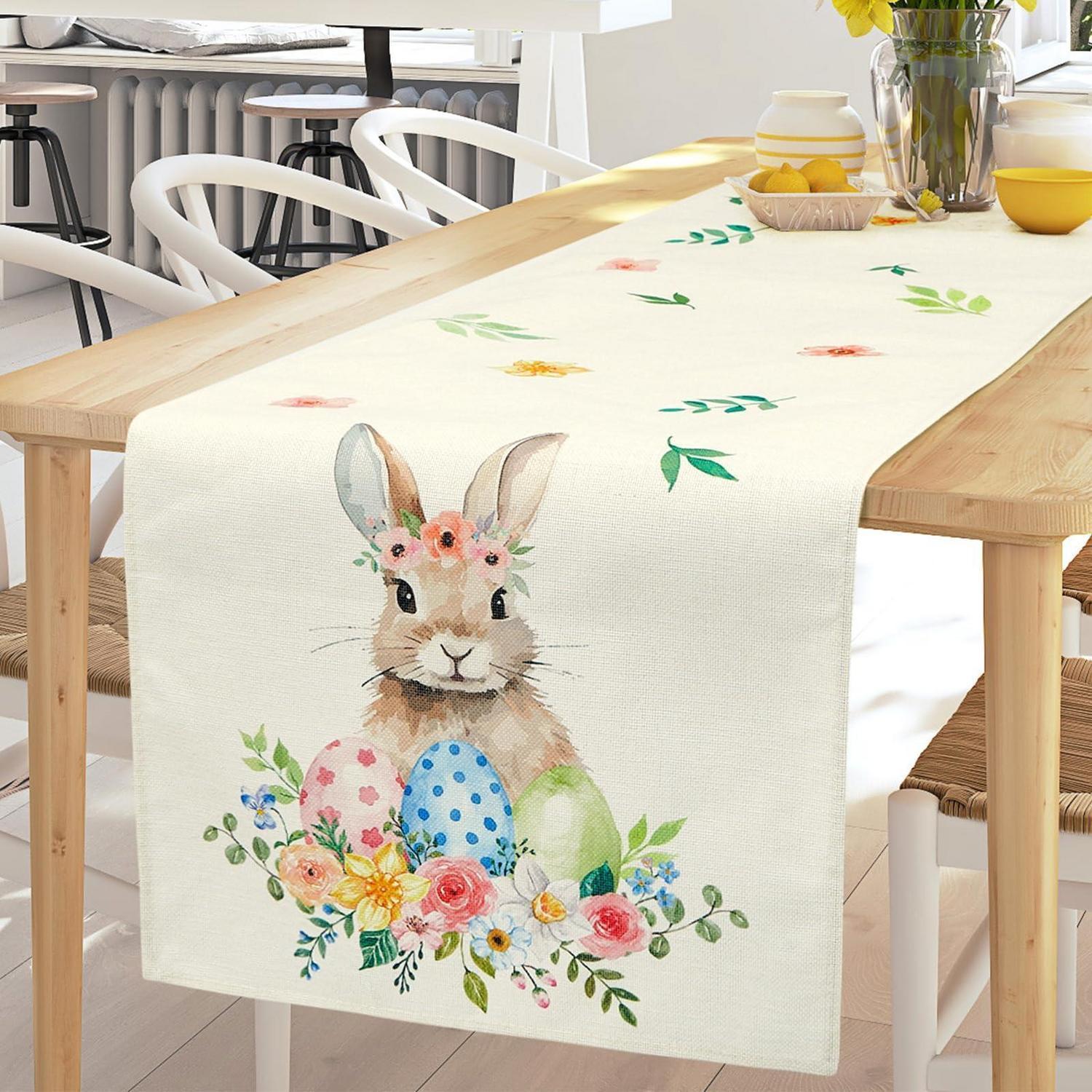 Ostern Tischläufer 40x180 Cm Mit Hasenmotiv, Leinen, Frühlingsdeko