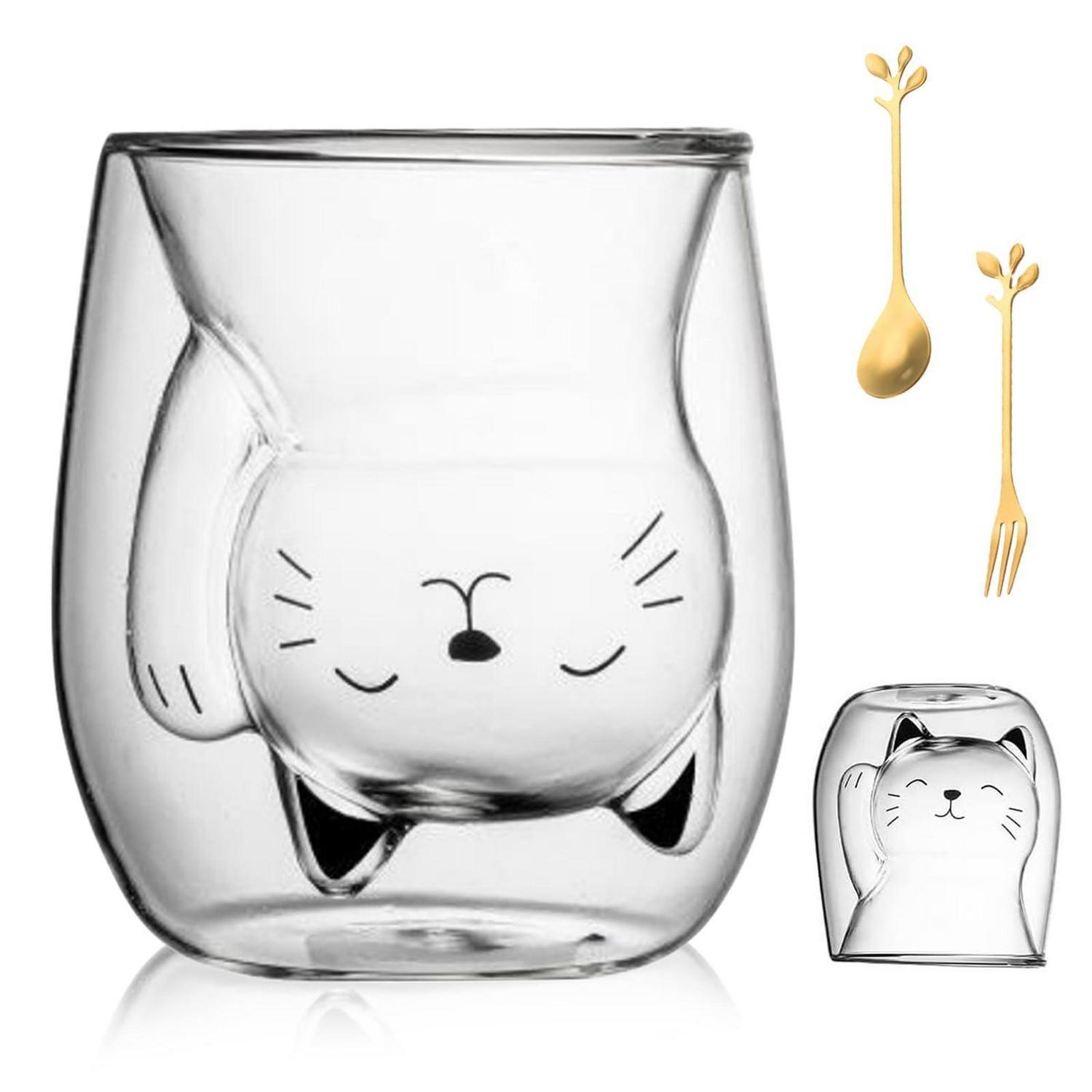 Doppelwandiges Glas Mit Katzenmotiv, 200ml, Inkl. Löffel & Gabel, Geschenk Für Damen