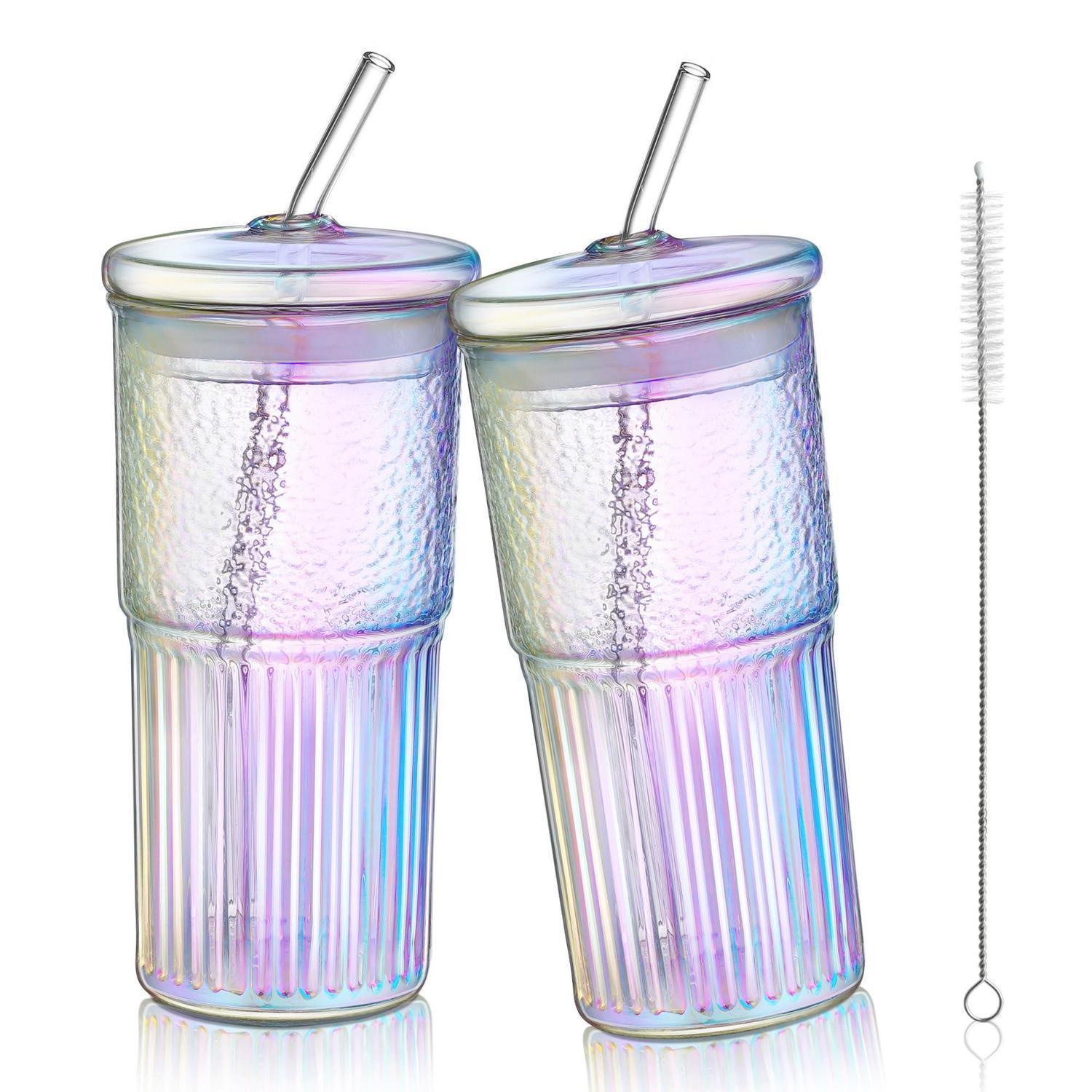 2er Set Trinkgläser 650ml Mit Deckel & Strohhalm, Regenbogen-effekt, Borosilikatglas