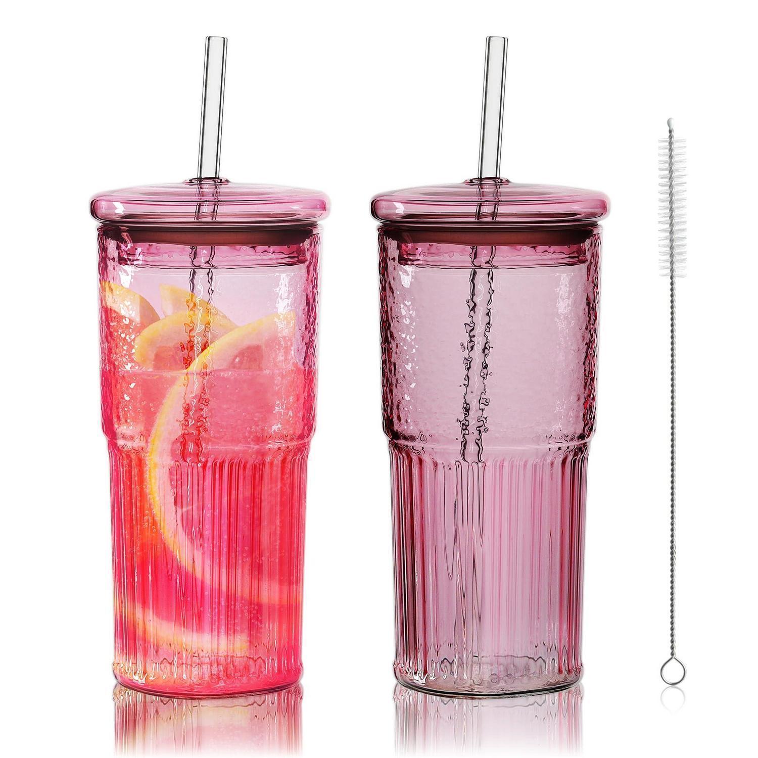 Trinkbecher 2er Set 650ml Mit Deckel & Strohhalm, Borosilikatglas, Rosa