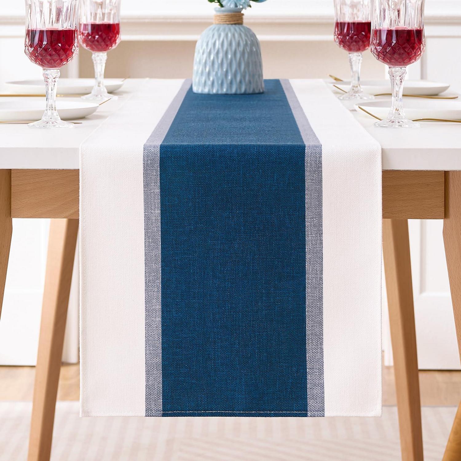 Tischläufer Blau 40x140 Cm Baumwolle Leinen Gestreift Wasserdicht Innen/außen