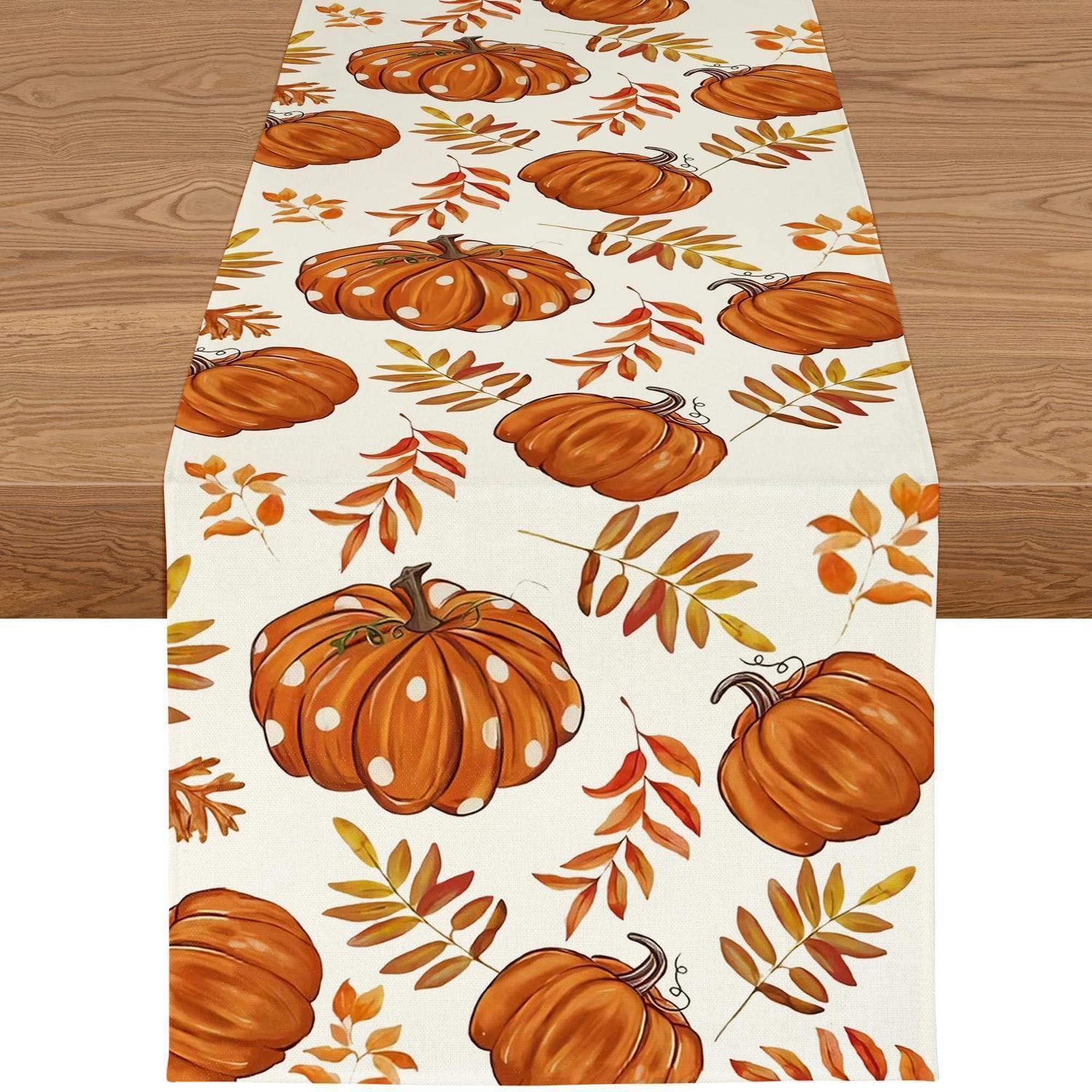 Tischläufer Herbst Kürbis Design 40x140cm Orange Leinen Optik Wasserabweisend Waschbar