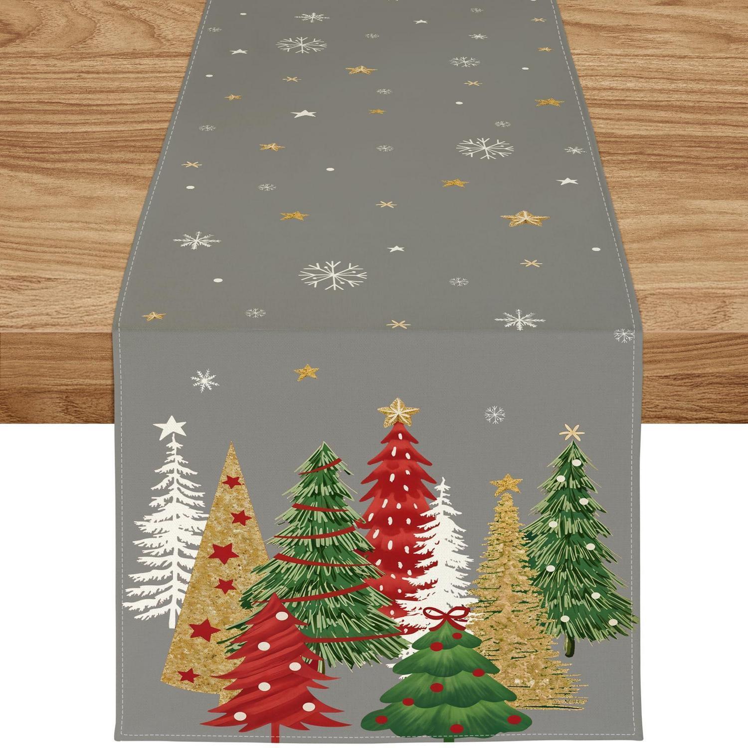 Weihnachtlicher Tischläufer 40x100 Cm Mit Weihnachtsbäumen & Schneeflocken, Grau