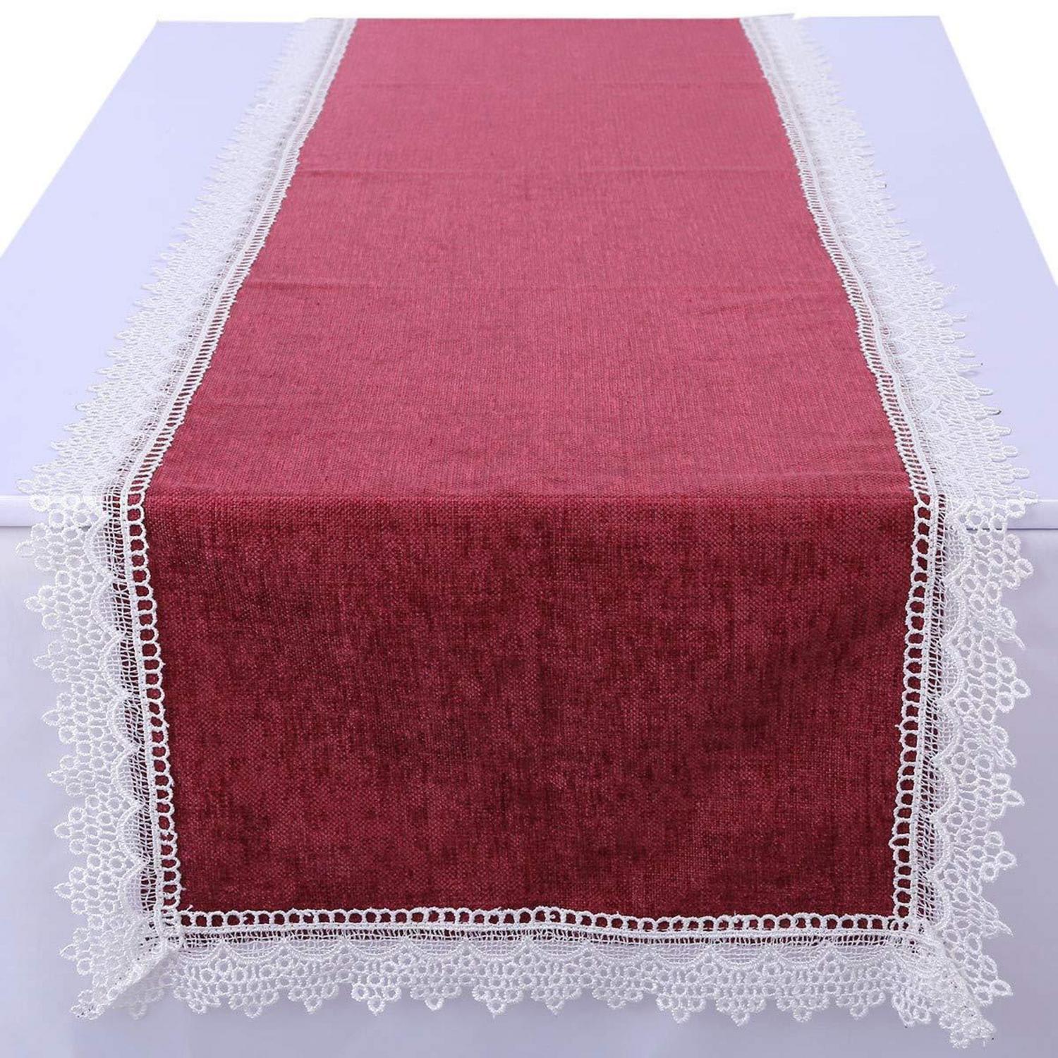 Tischläufer Rot 38x192cm Mit Spitze, Leinenoptik, Für Innen & Außen