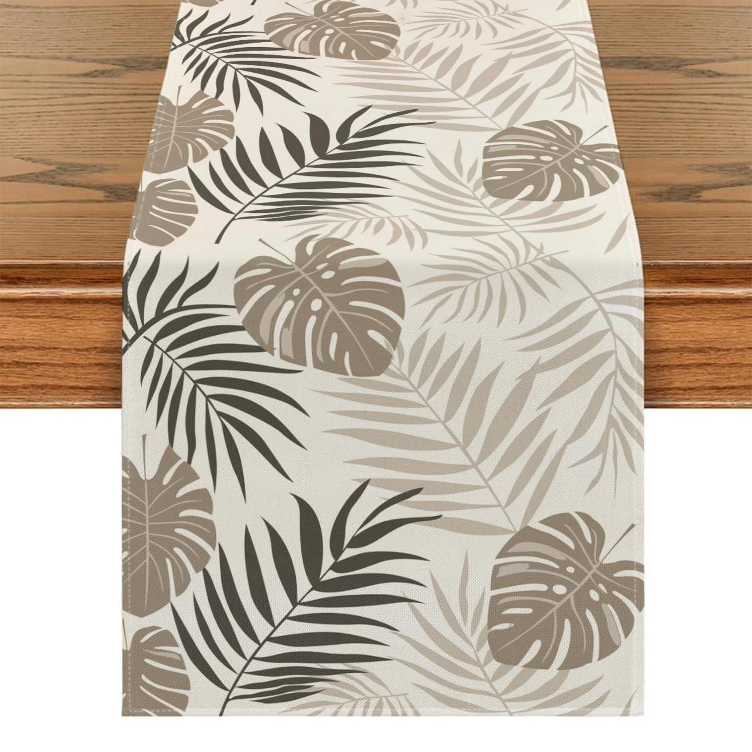Tischläufer 40x140 Cm Abwaschbar Mit Blattmuster, Landhausstil, Beige-schwarz