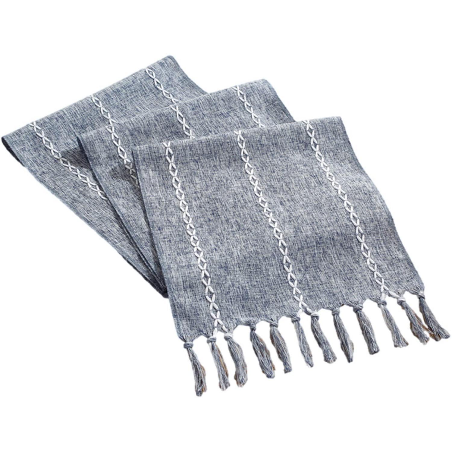 Tischläufer Mit Quasten Und Hohlsaum, Landhausstil, Blau, 32 X 160 Cm