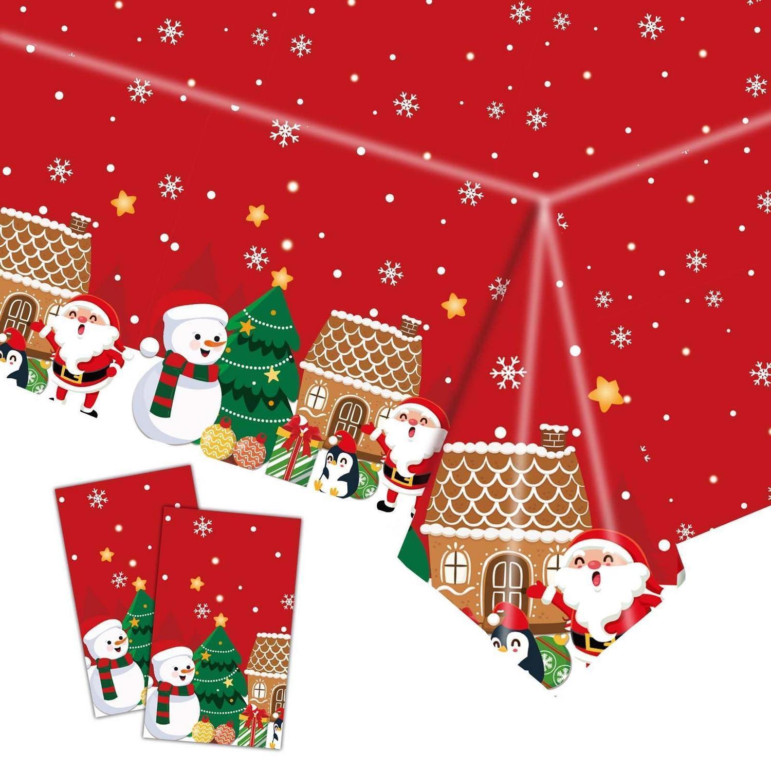 2er Set Weihnachtstischdecke 137x274cm Rot Mit Weihnachtsmann & Schneemann Motiv