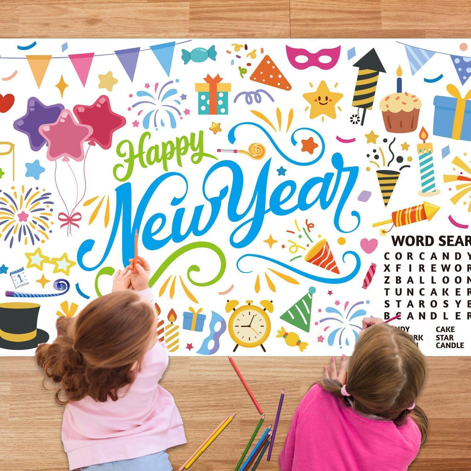 Ausmalbare Tischdecke Silvester 2026, 180x80cm, Neujahrsdeko, Partyzubehör