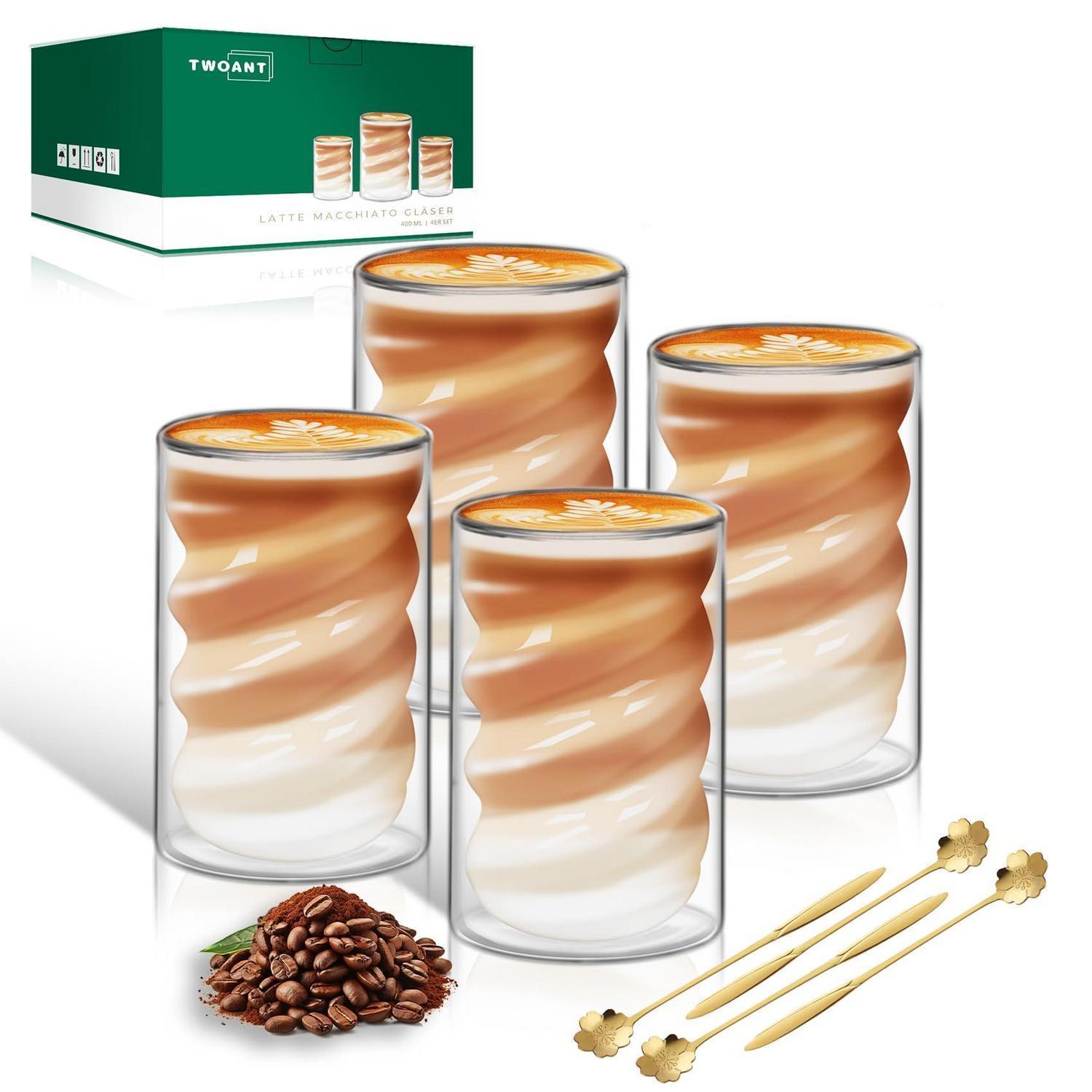4er Set Latte Macchiato Gläser 400ml, Doppelwandig, Spiralförmig, Borosilikatglas