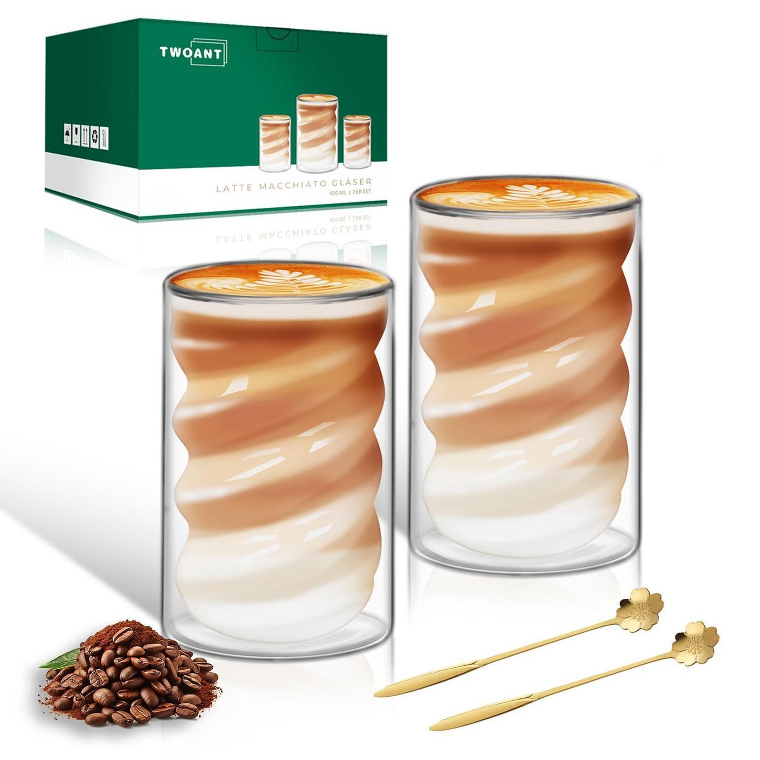 Doppelwandige Latte Macchiato Gläser 400ml Mit Spiraldesign, 2er Set Inkl. Löffel
