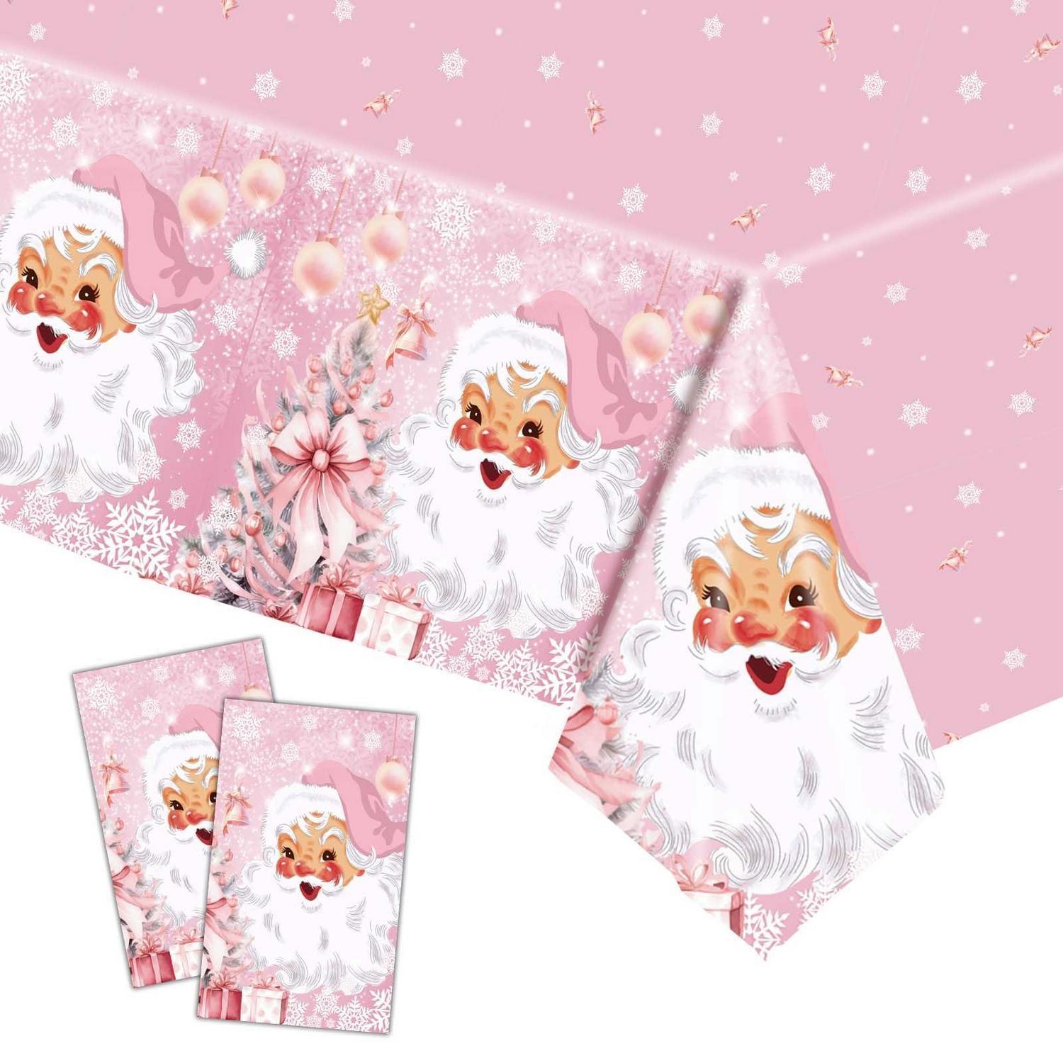 2er Set Weihnachtstischdecken Rosa 137x274cm Mit Weihnachtsmann Motiv