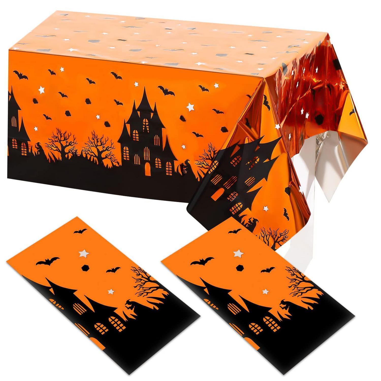Halloween Tischdecke 2 Stück, Kunststoff, 137x183cm, Schwarz Orange, Gruselig