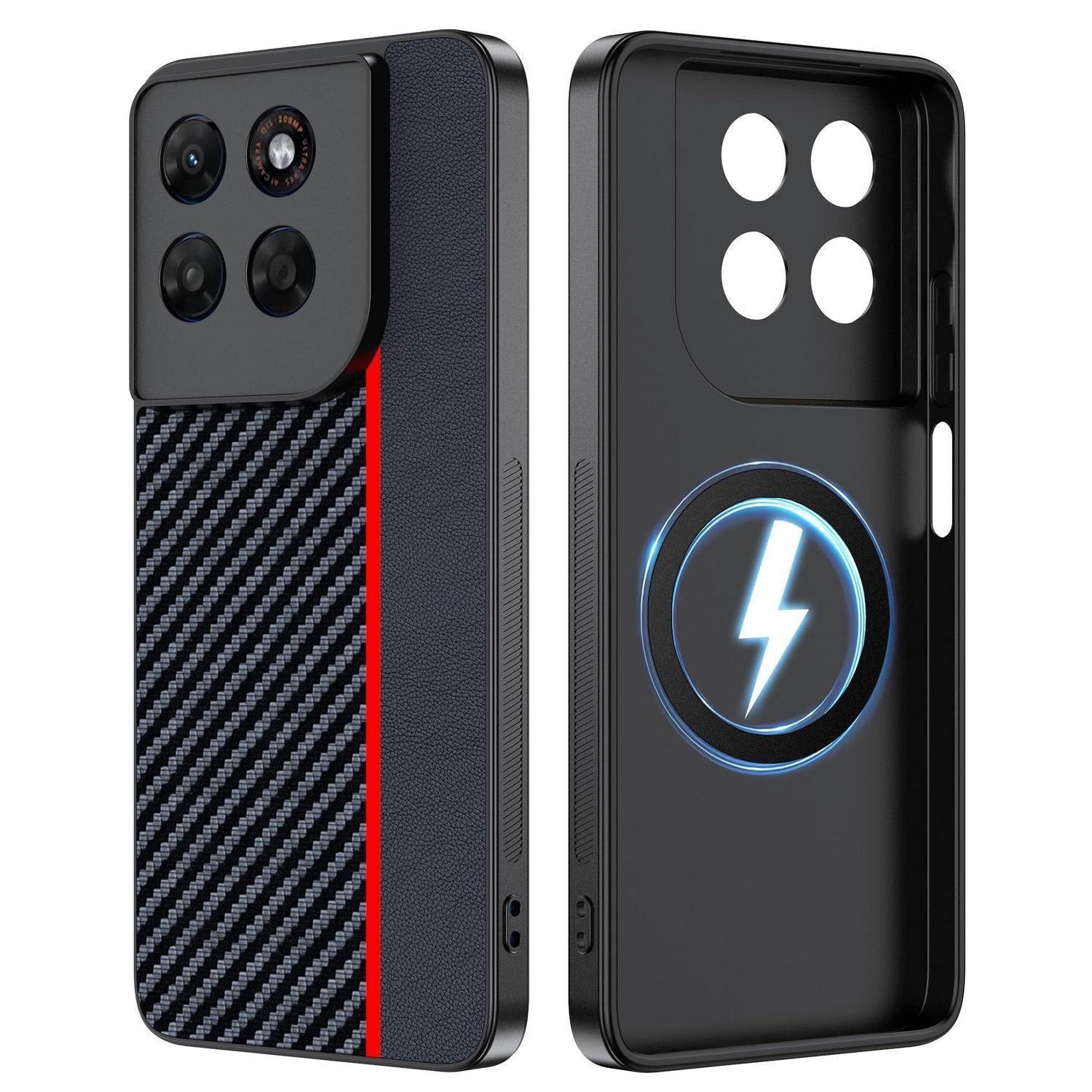 Magnetische Handyhülle Für Moto G87/g77/g67, Stoßfest, Kohlefaser, Rot & Schwarz