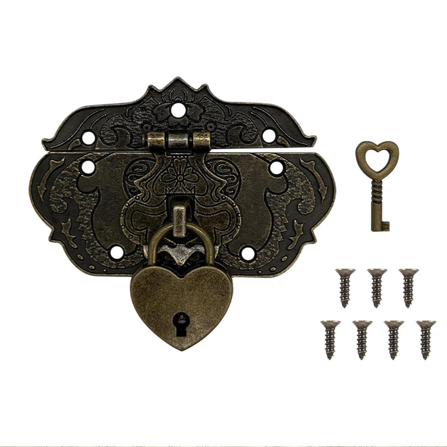 Vintage Haspe Mit Herzschloss Und Schlüssel, Bronze, Eisen, 76x57mm