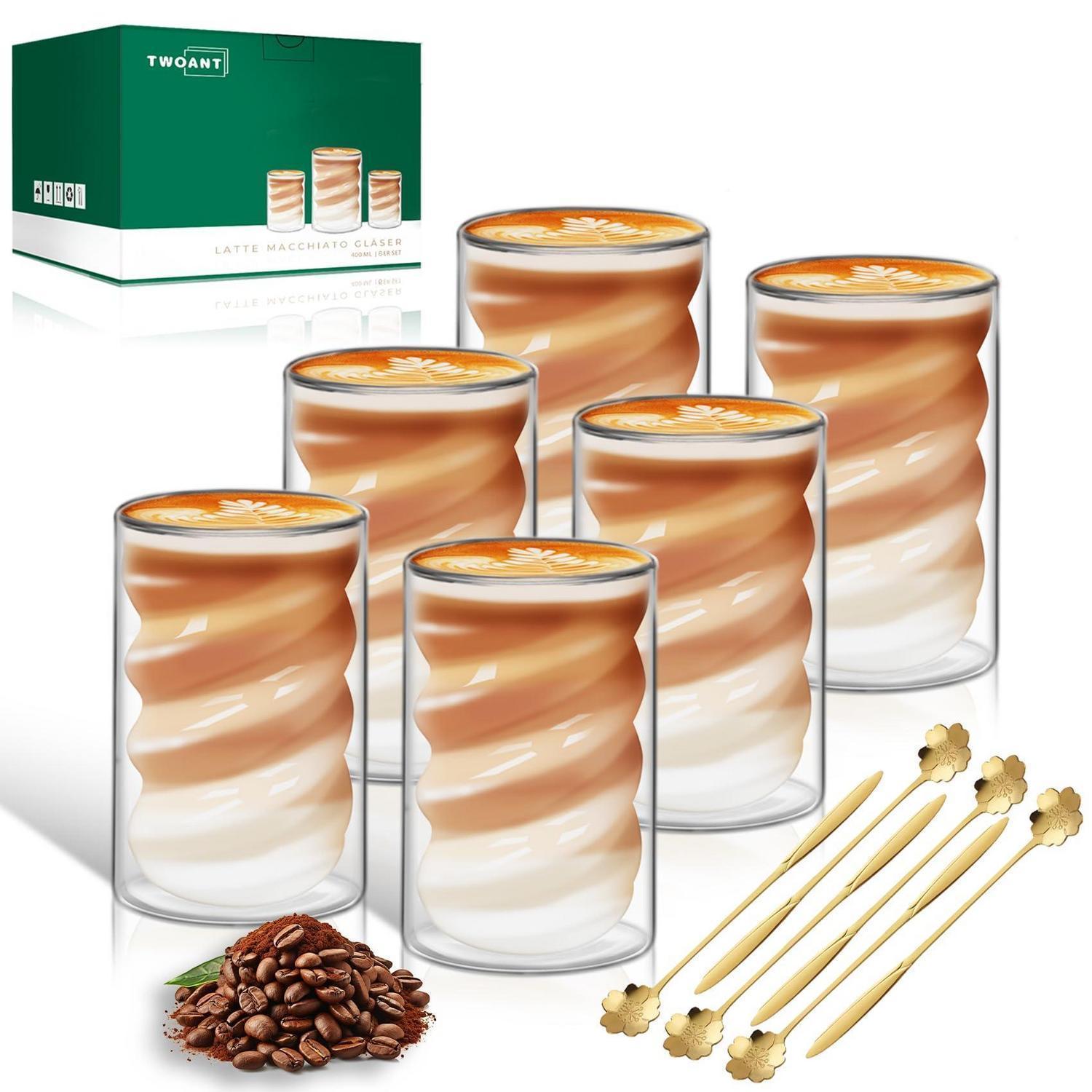Latte Macchiato Gläser 400ml 6er Set Mit 6 Löffeln, Doppelwandig, Borosilikatglas