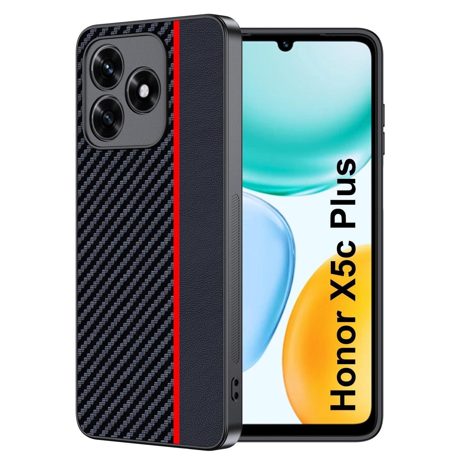 Handyhülle Honor X5c/x5c Plus, Stoßfest, Wasserdicht, Carbonfaser, Rot/schwarz