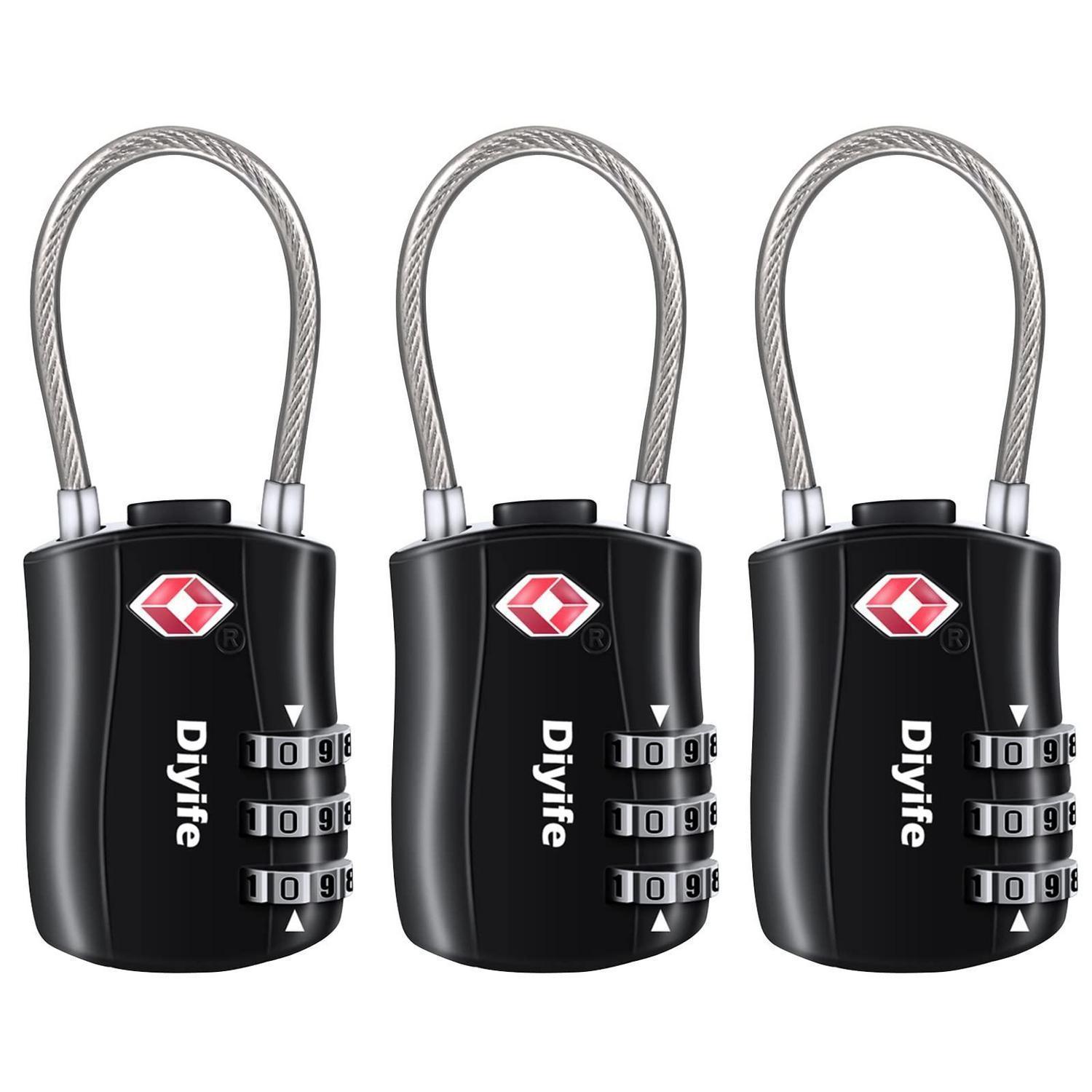 Tsa Gepäckschlösser 3 Stück, 3-stelliges Zahlenschloss, Kabelschloss Für Koffer & Taschen, Schwarz