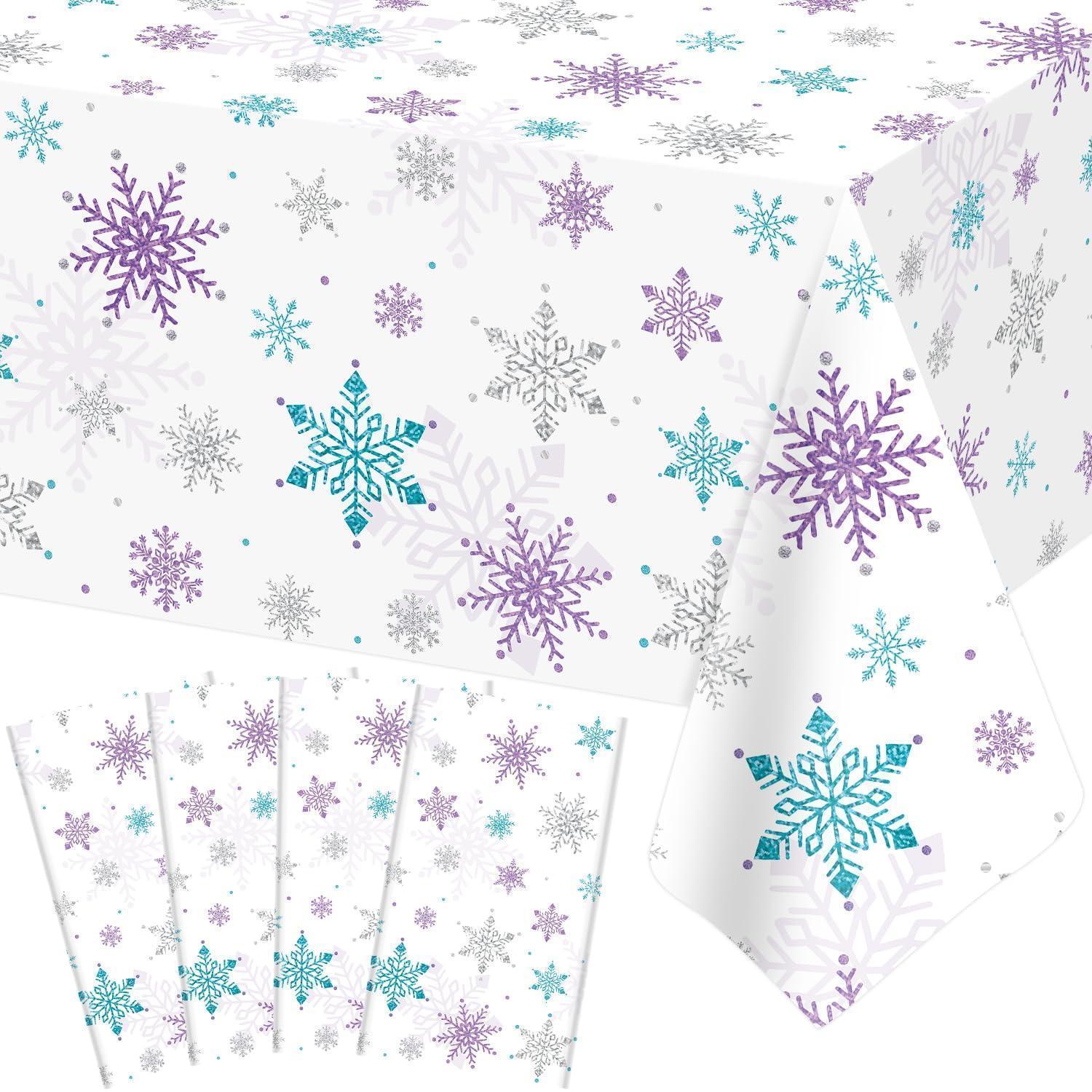 4er Set Tischdecken Schneeflocken 130x220cm Blau Lila Für Weihnachten & Winterpartys