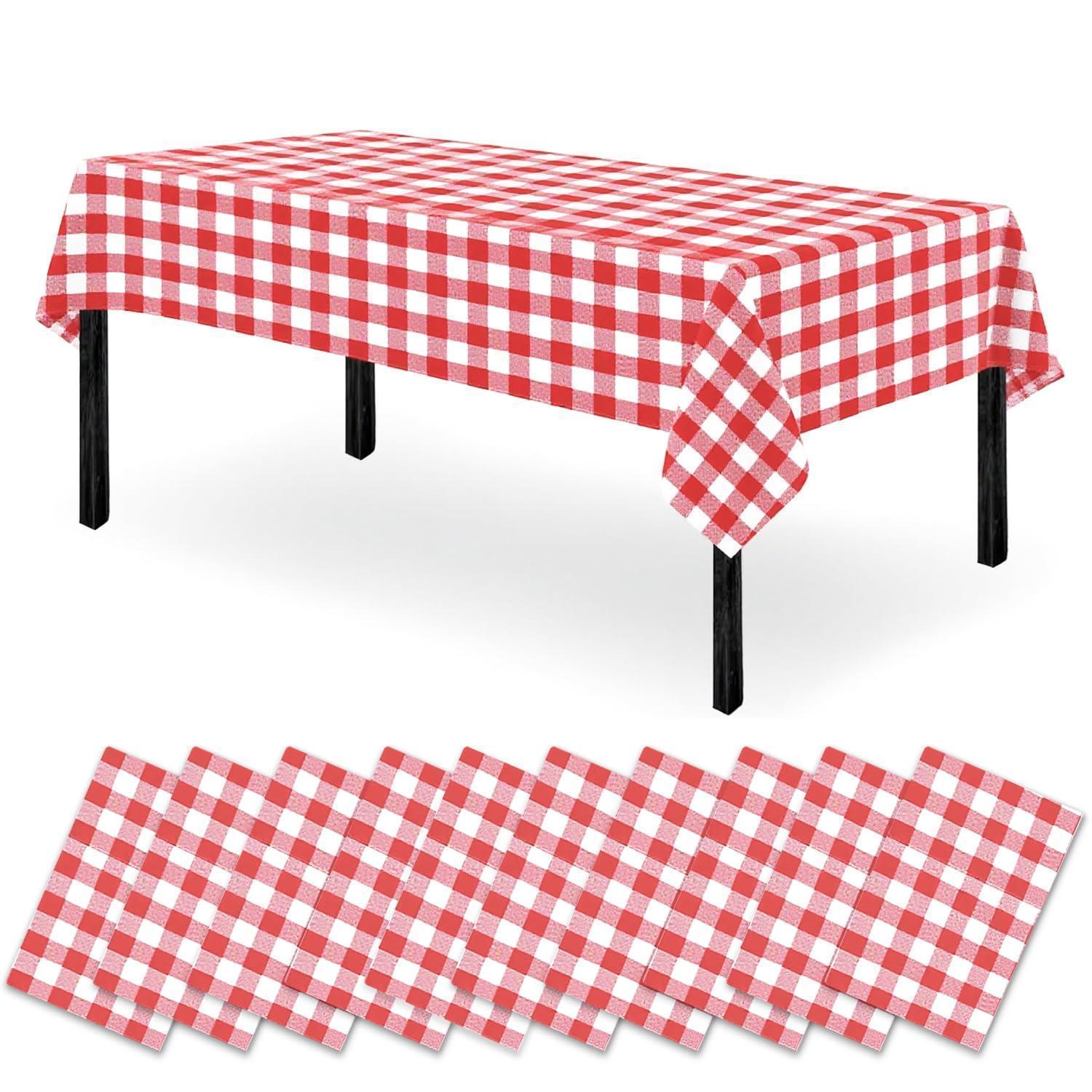 10x Tischdecke Abwaschbar 120x180cm Rot Kariert, Robust & Wasserdicht