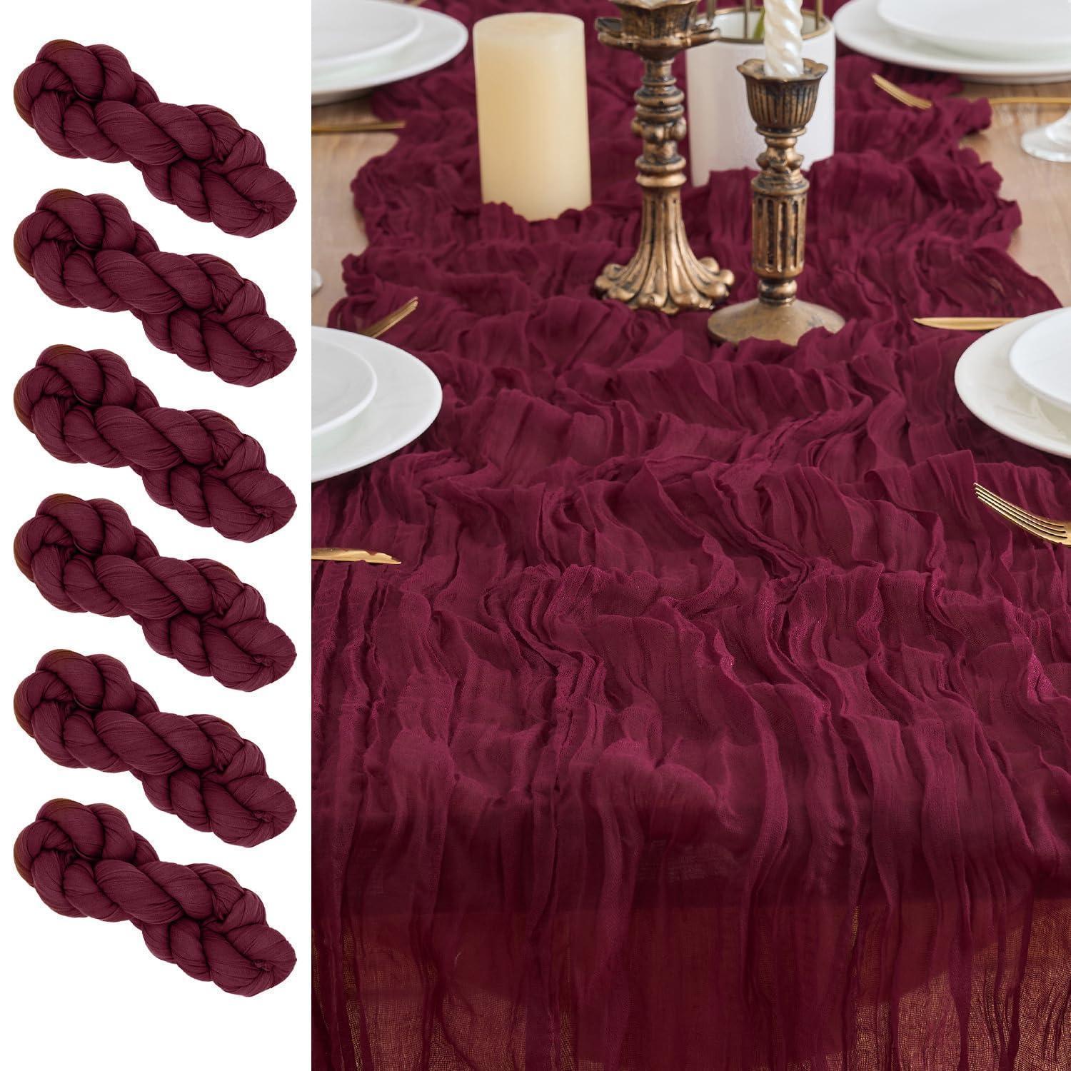 6er Set Tischläufer Weinrot 90x300cm Gaze Stoff Für Hochzeitsdeko