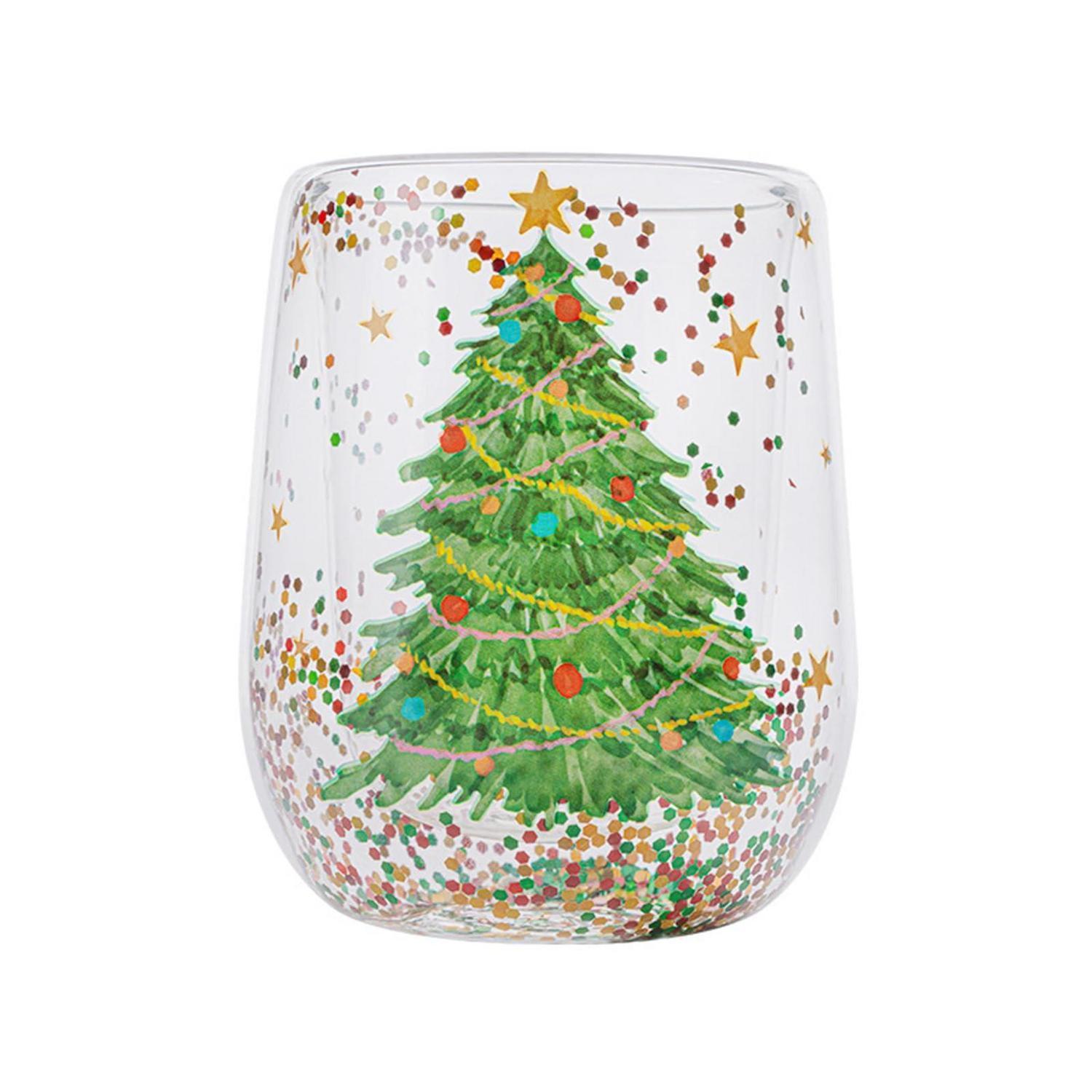 Doppelwandige Weihnachtstasse 380ml Mit Weihnachtsbaum-print, Handgeblasen