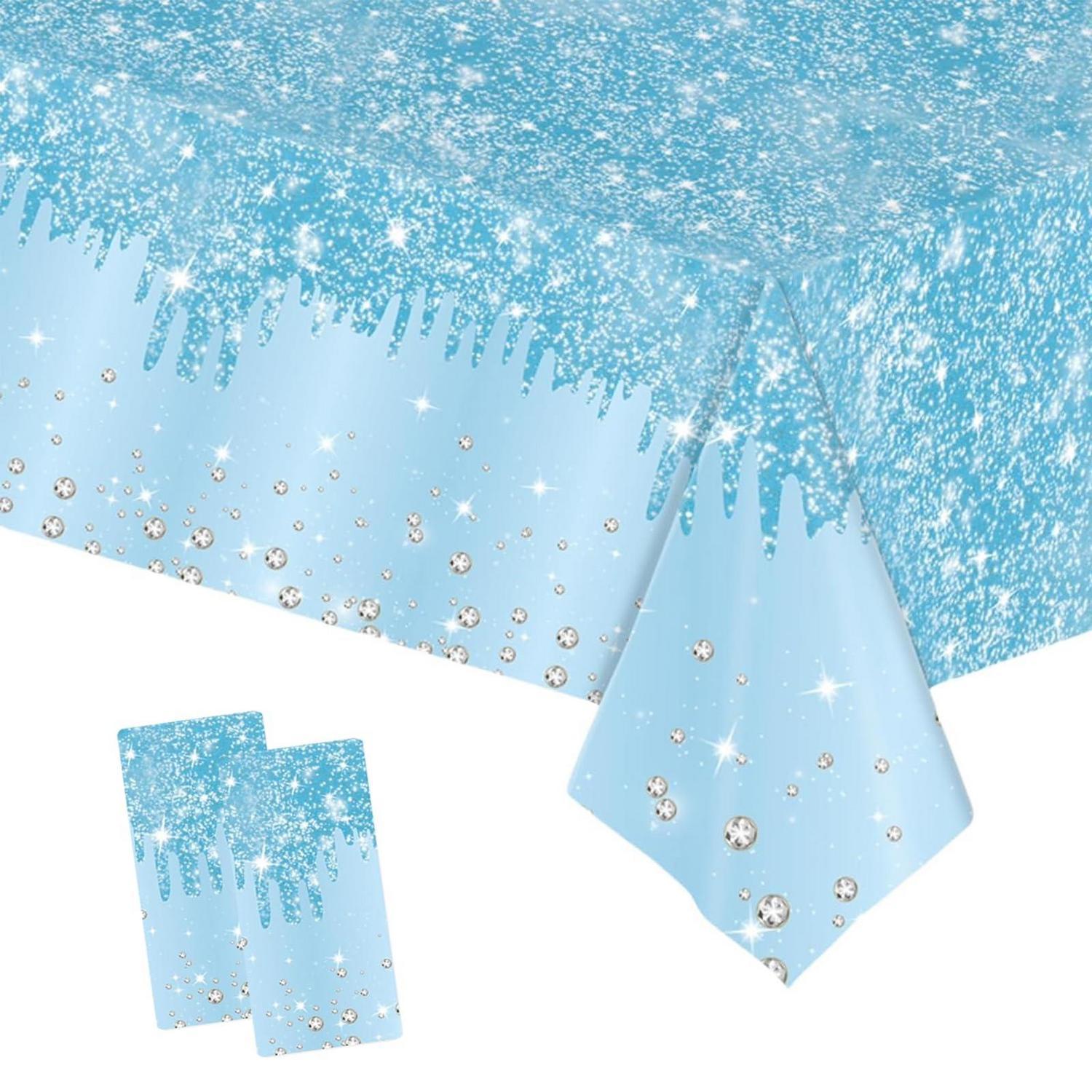 2x Tischdecke Abwaschbar 137x274cm Babyblau Pailletten Druck Wasserabweisend