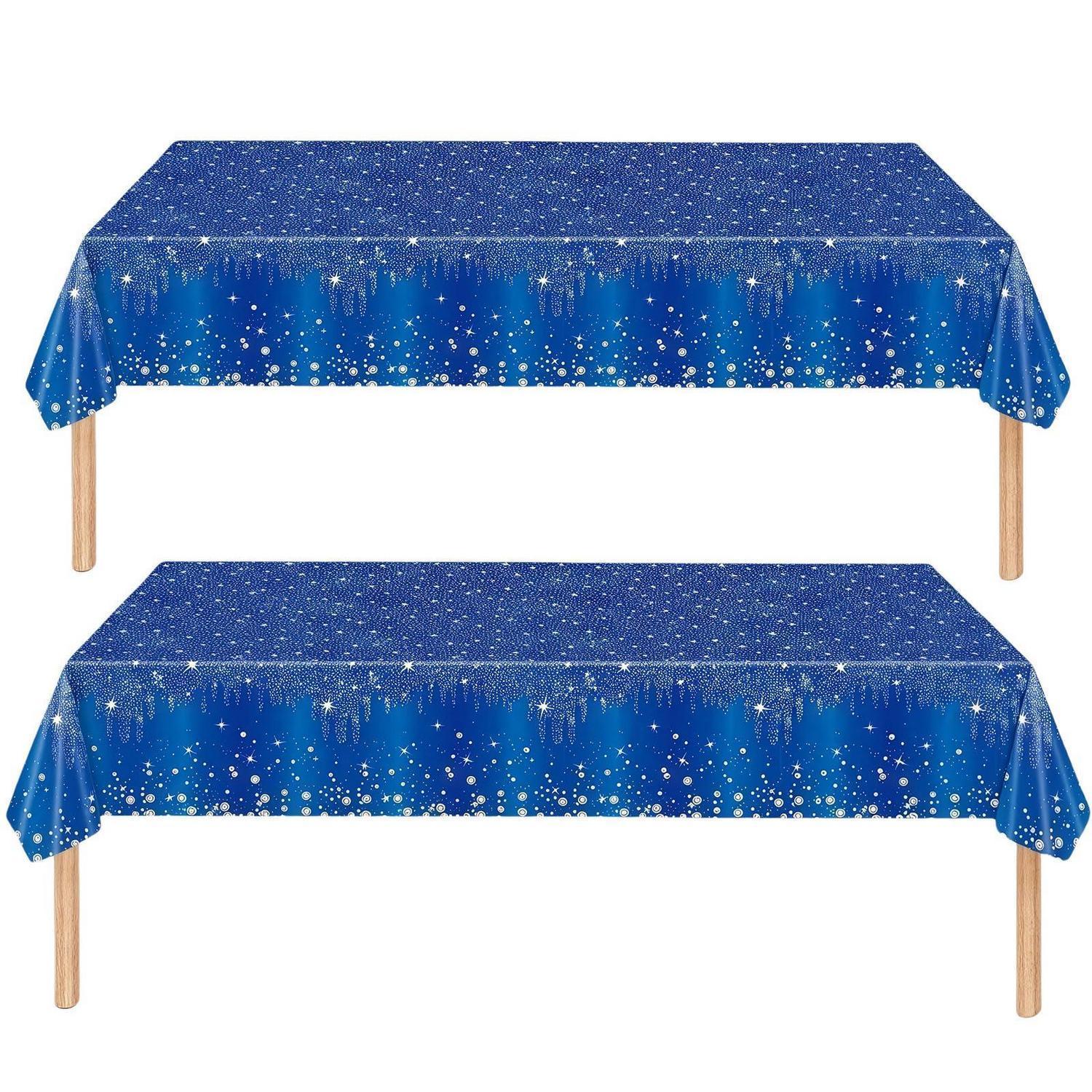 2er Set Tischdecke Abwaschbar 137x274cm Blau Pailletten Druck Rechteckig