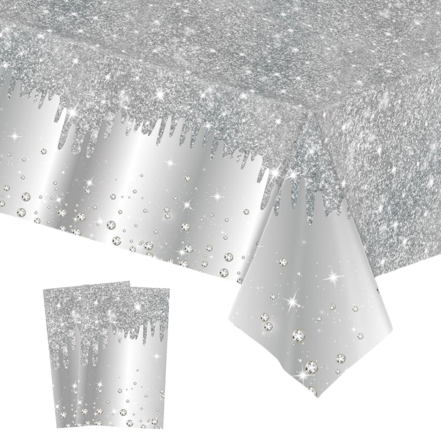 2er Set Tischdecke Abwaschbar 137x274cm Silber Pailletten Druck Rechteckig