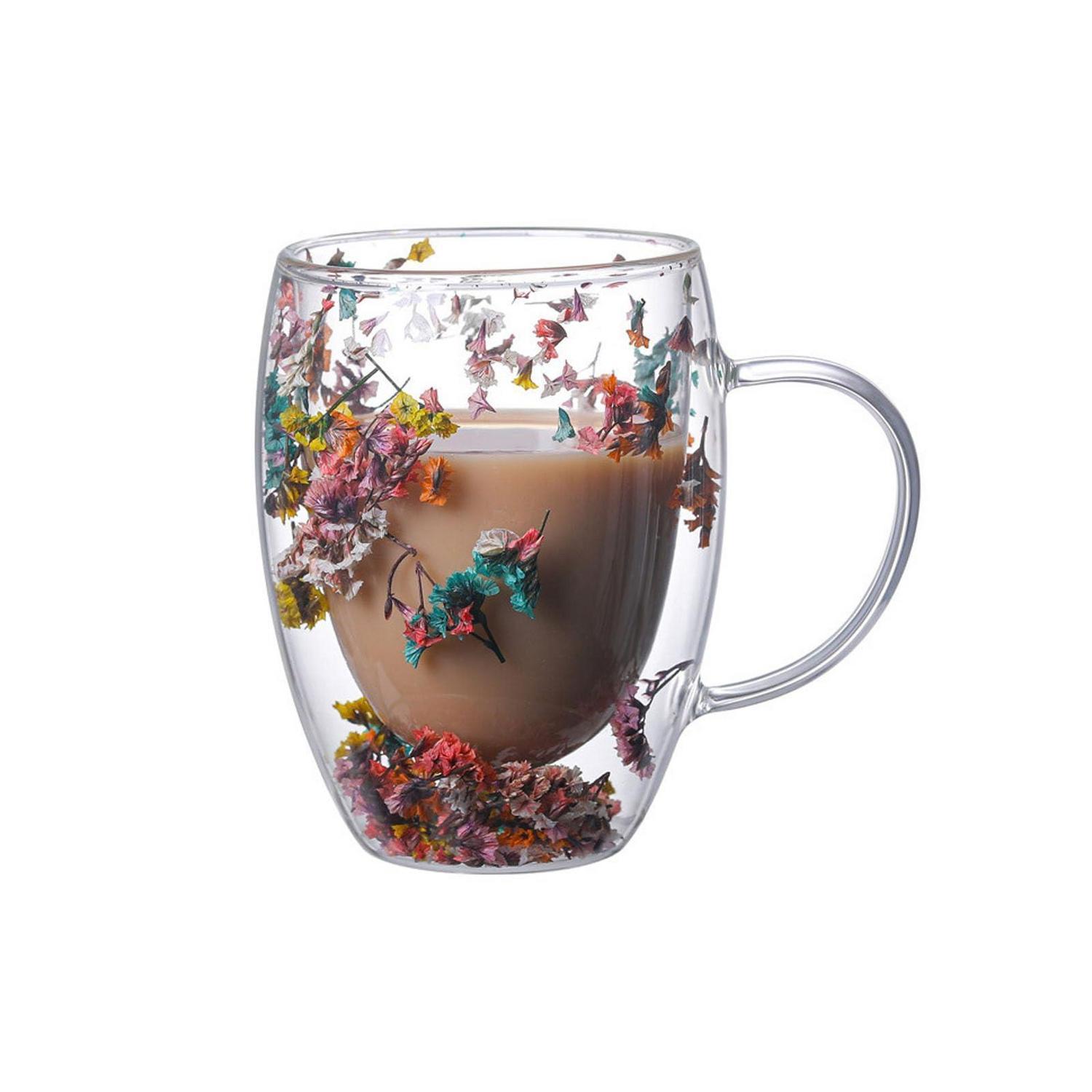Doppelwandiges Glas Mit Trockenblumen 350ml - Thermobecher Für Kaffee & Tee