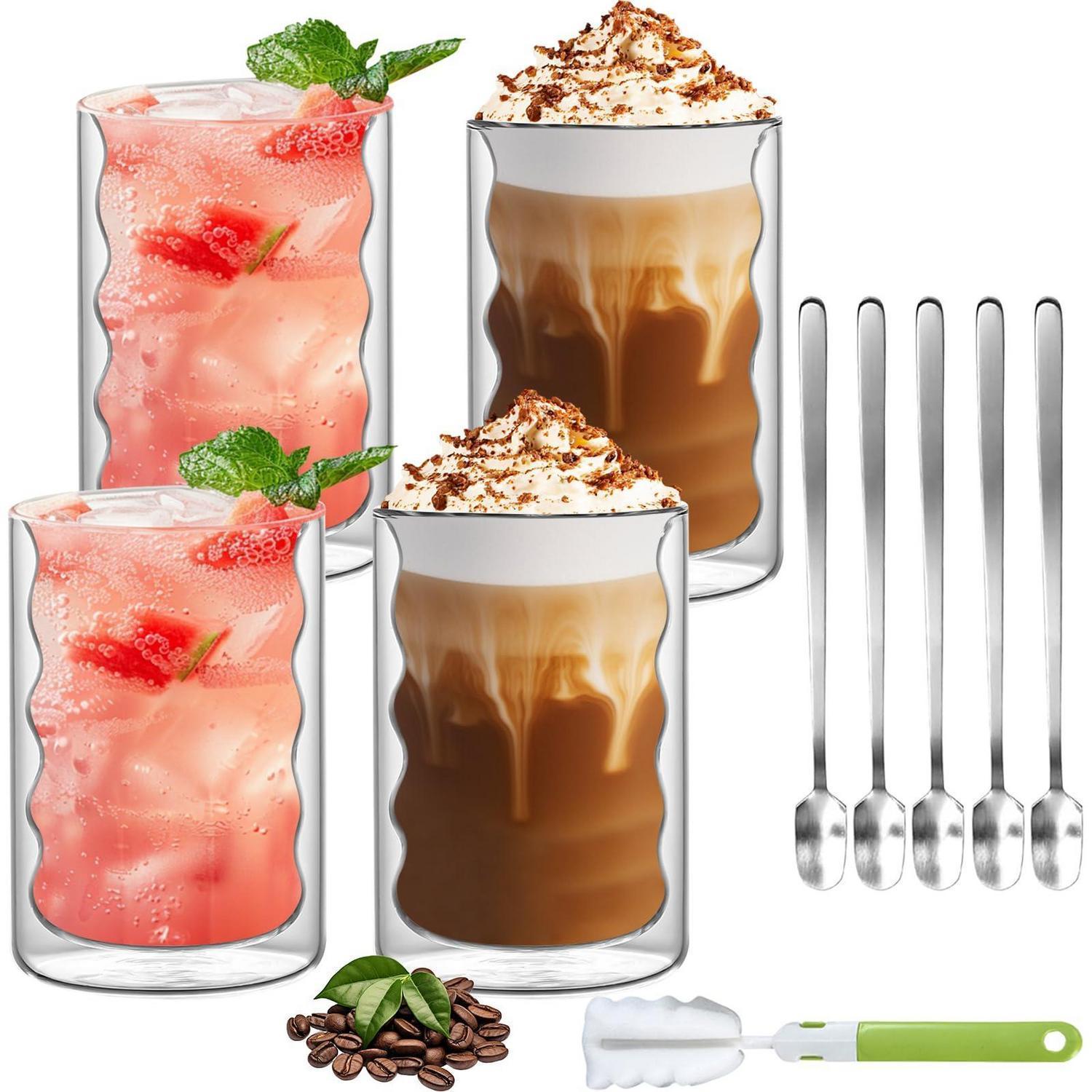Doppelwandige Gläser 350ml Mit Löffeln, Geschwungenes Borosilikatglas Set