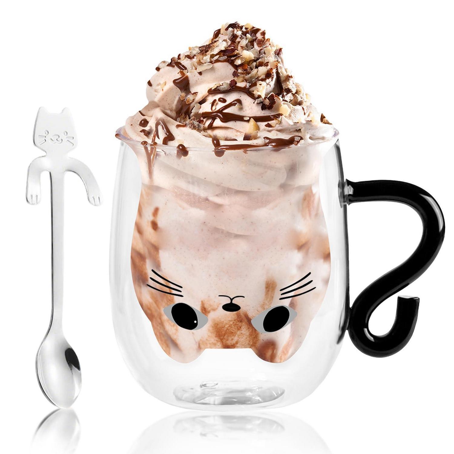 Doppelwandige Katzen-kaffeetasse 290ml Mit Henkel Und Löffel