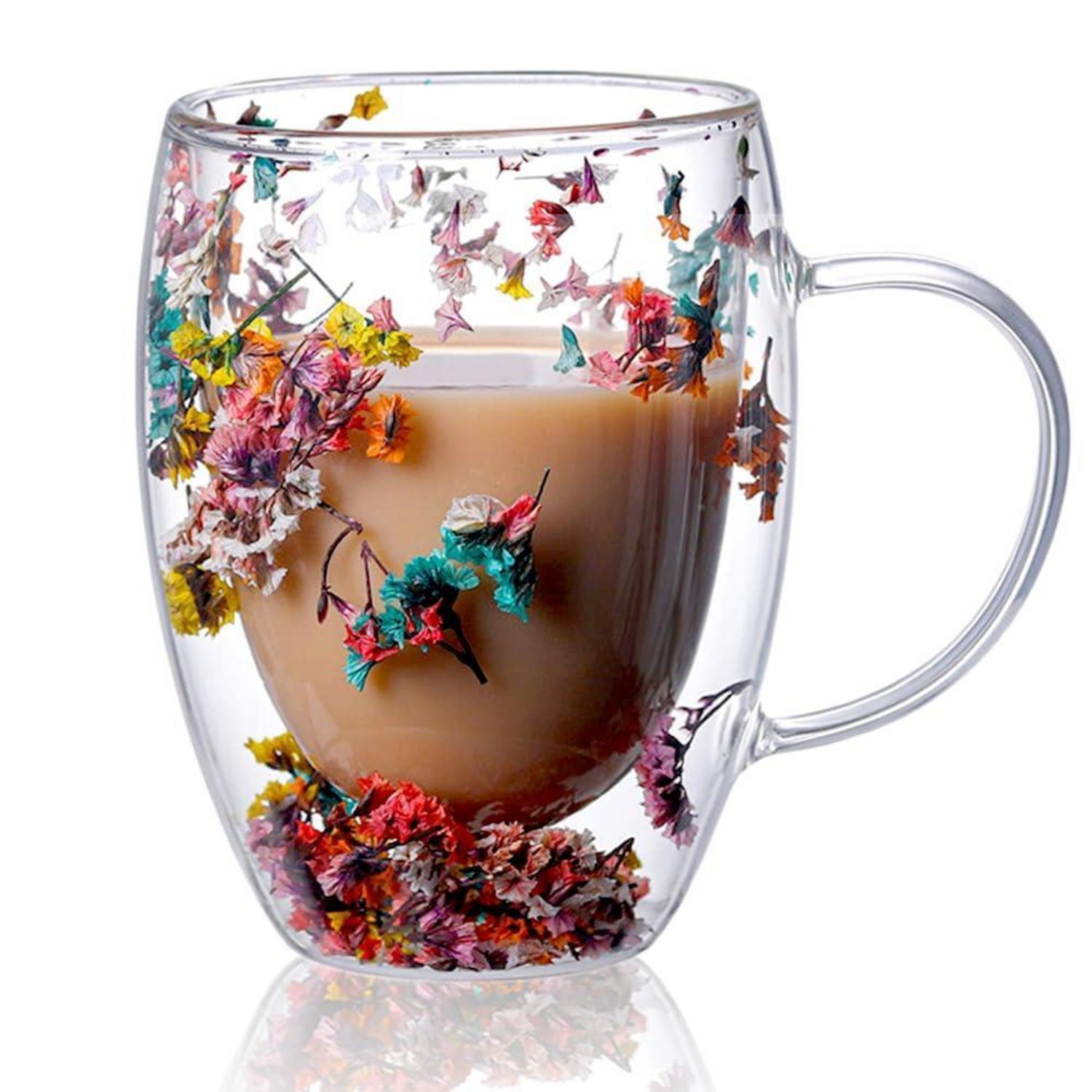 Doppelwandiges Glas Mit Echten Blumen, 300ml, Mit Henkel