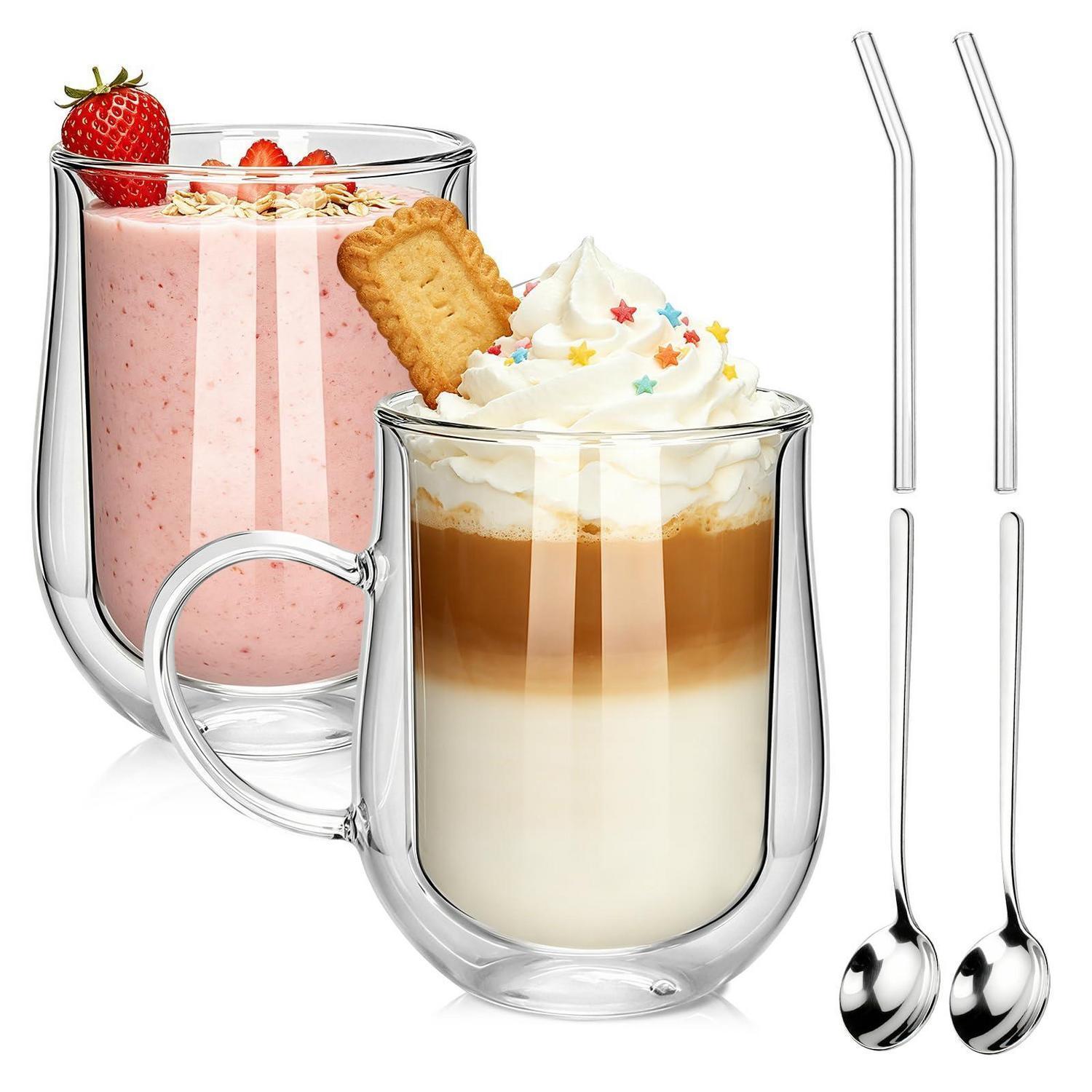 Doppelwandige Gläser 480ml 2er Set Mit Griff, Glasstrohhalmen Und Löffeln