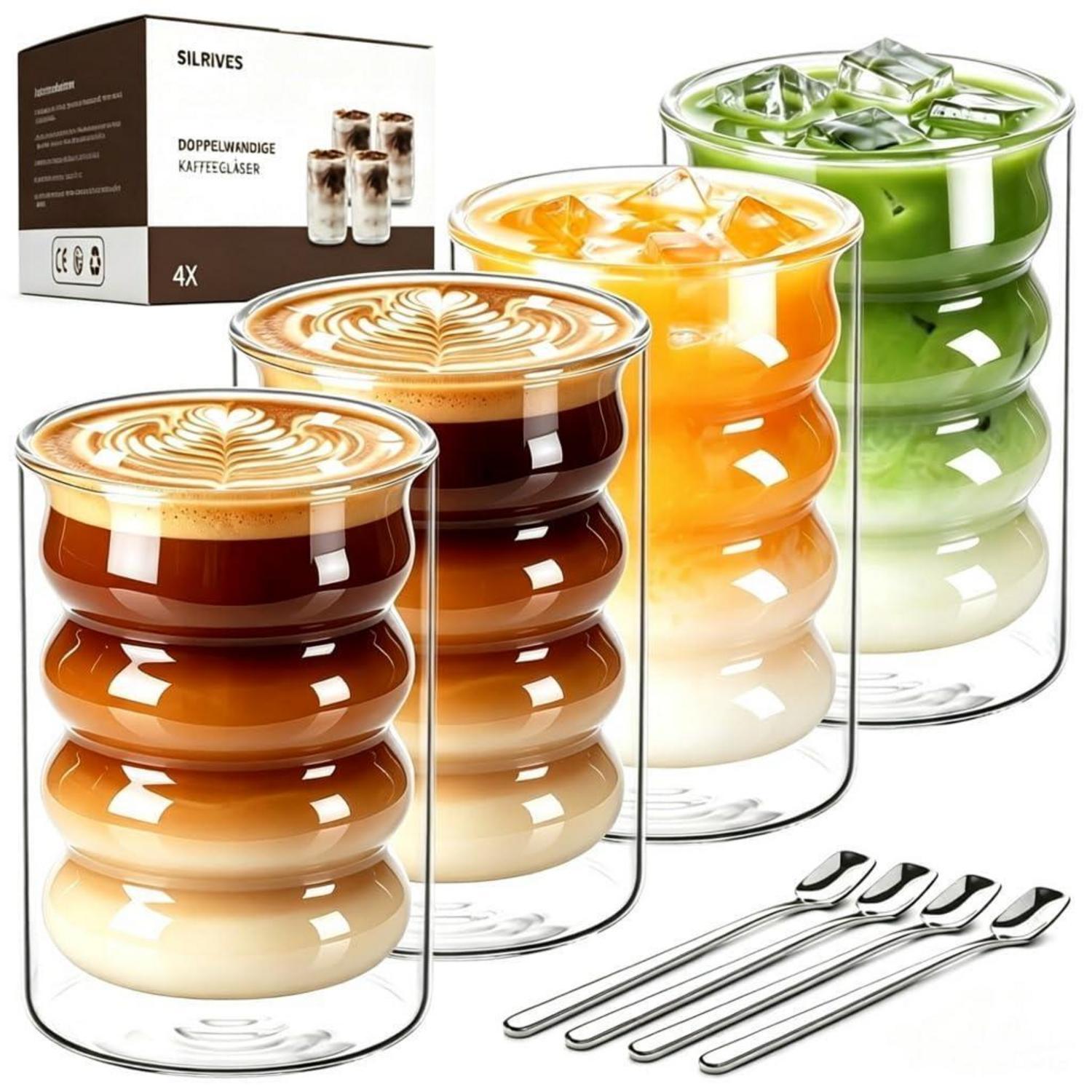 Doppelwandige Kaffeegläser 350ml 4er Set Mit Löffeln, Borosilikatglas
