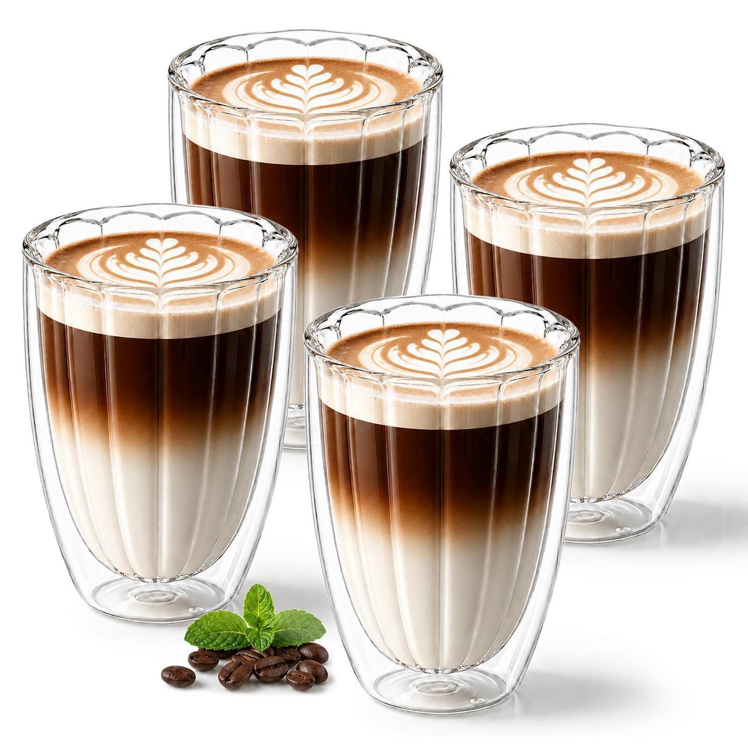 Latte Macchiato Gläser 4er Set 350ml Doppelwandig Borosilikatglas Gerippt