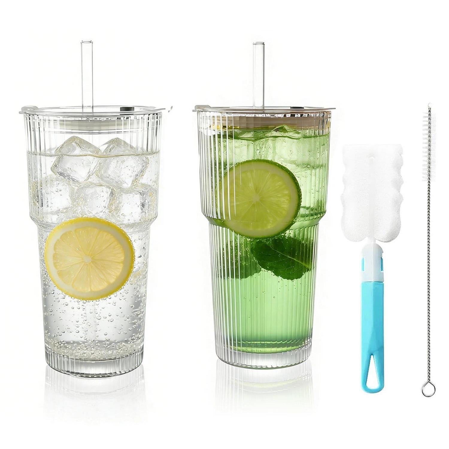 Geriffelte Glasbecher 2er Set Mit Deckel & Strohhalm, 600ml Smoothie Becher Für Heiß & Kalt