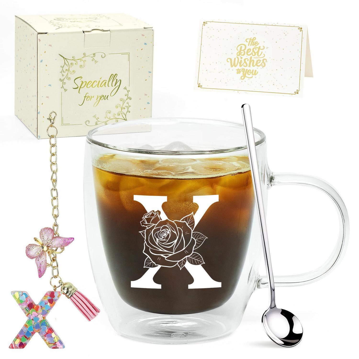 Doppelwandiges Latte Macchiato Glas Mit Initialen, Geschenkset Mit Löffel Und Anhänger