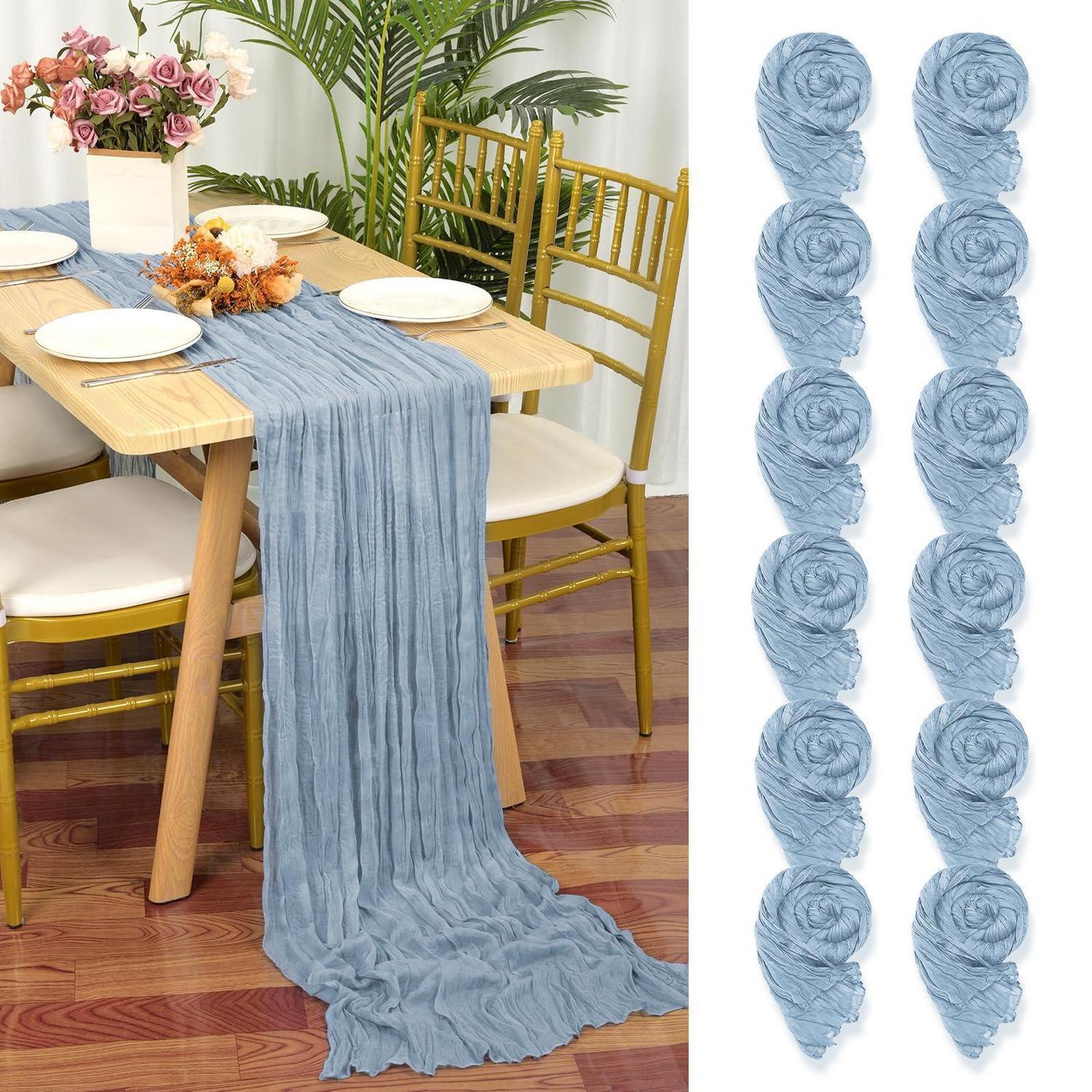 12er Set Tischläufer Gaze 55x300cm Staubiges Blau Rustikal Boho Hochzeit Deko